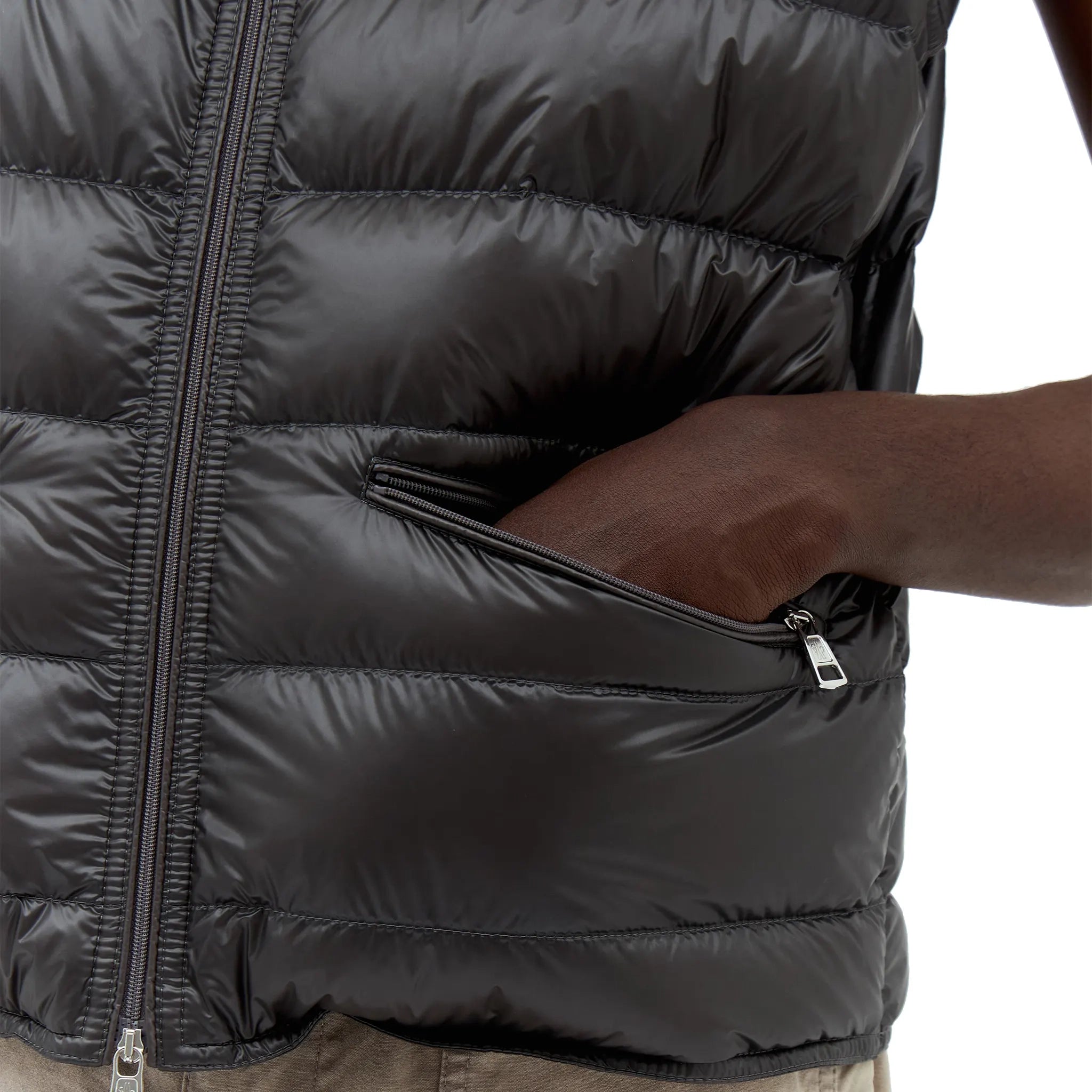 Model pocket view of Moncler Gui Grey Gilet 1A1070053029