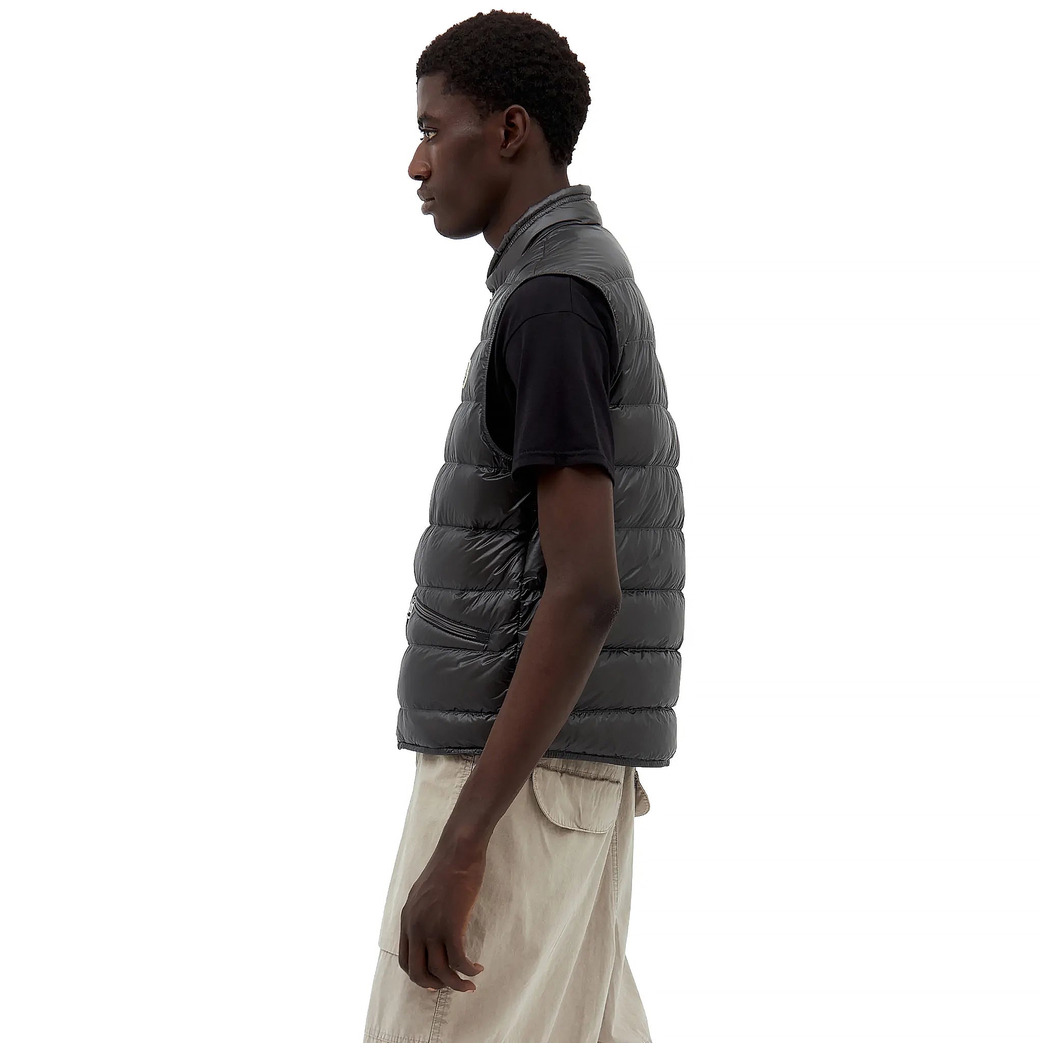 Model side view of Moncler Gui Grey Gilet 1A1070053029