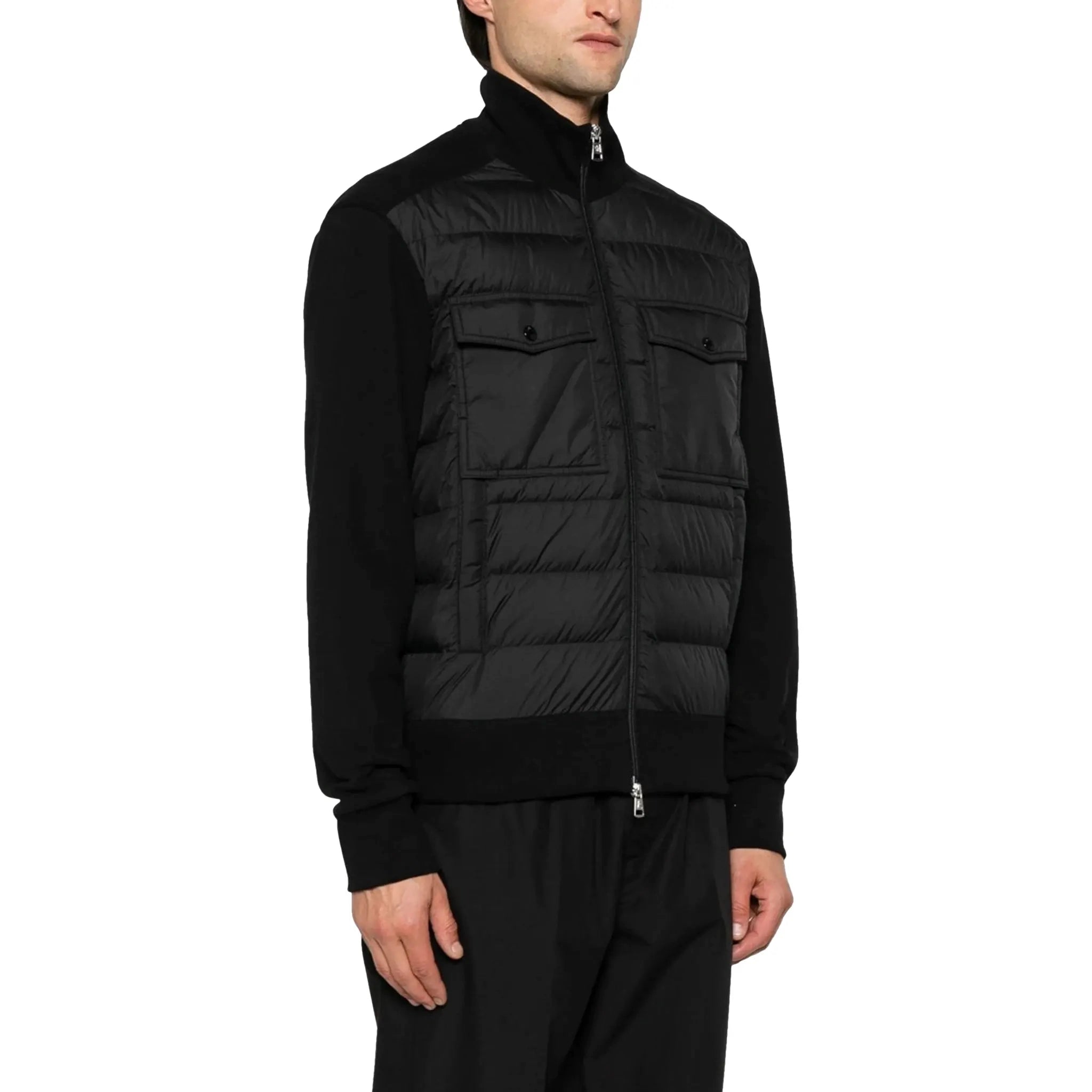 Model side view of Moncler Hybrid Black Zip Jacket