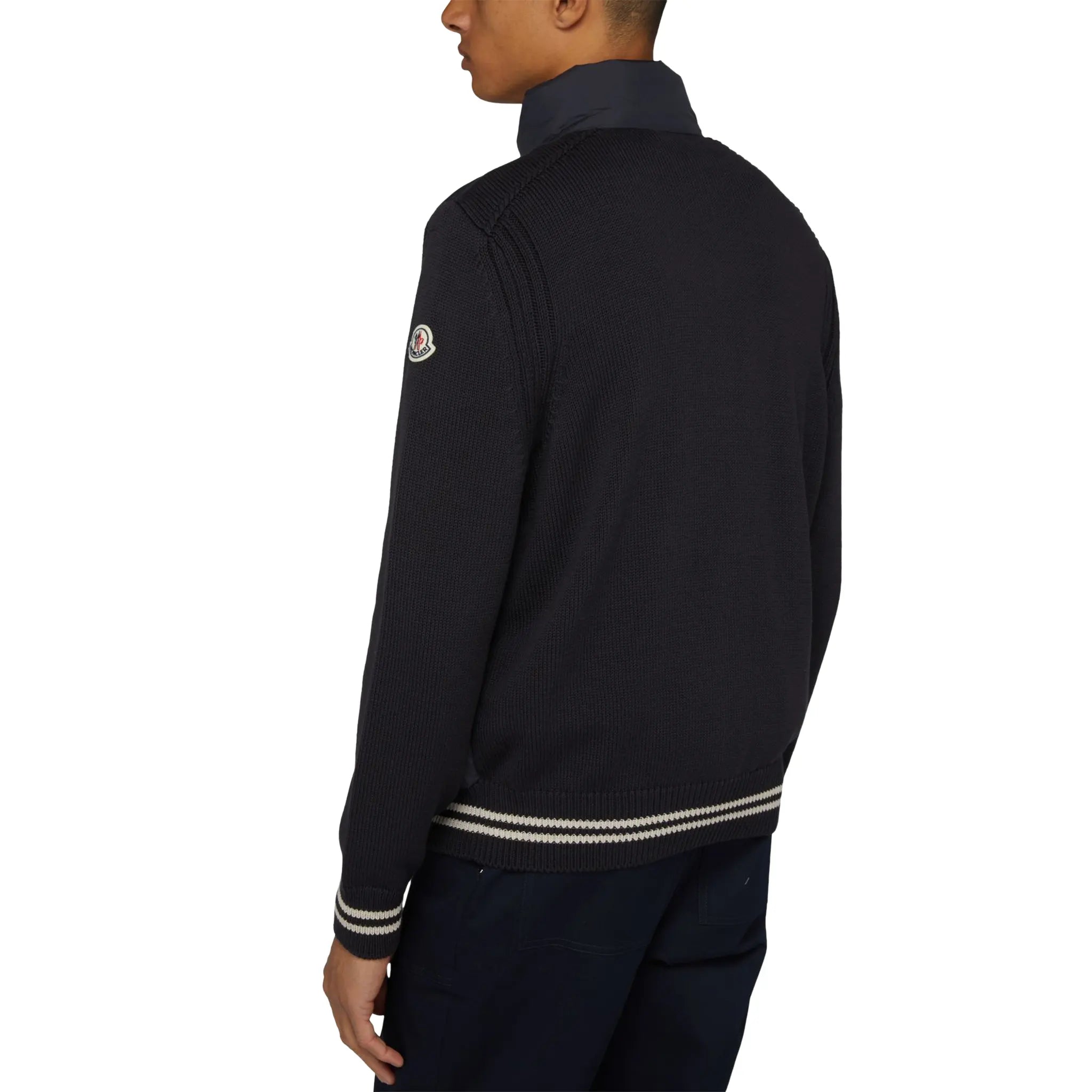 Model back view of Moncler Hybrid Navy Zip Jacket 