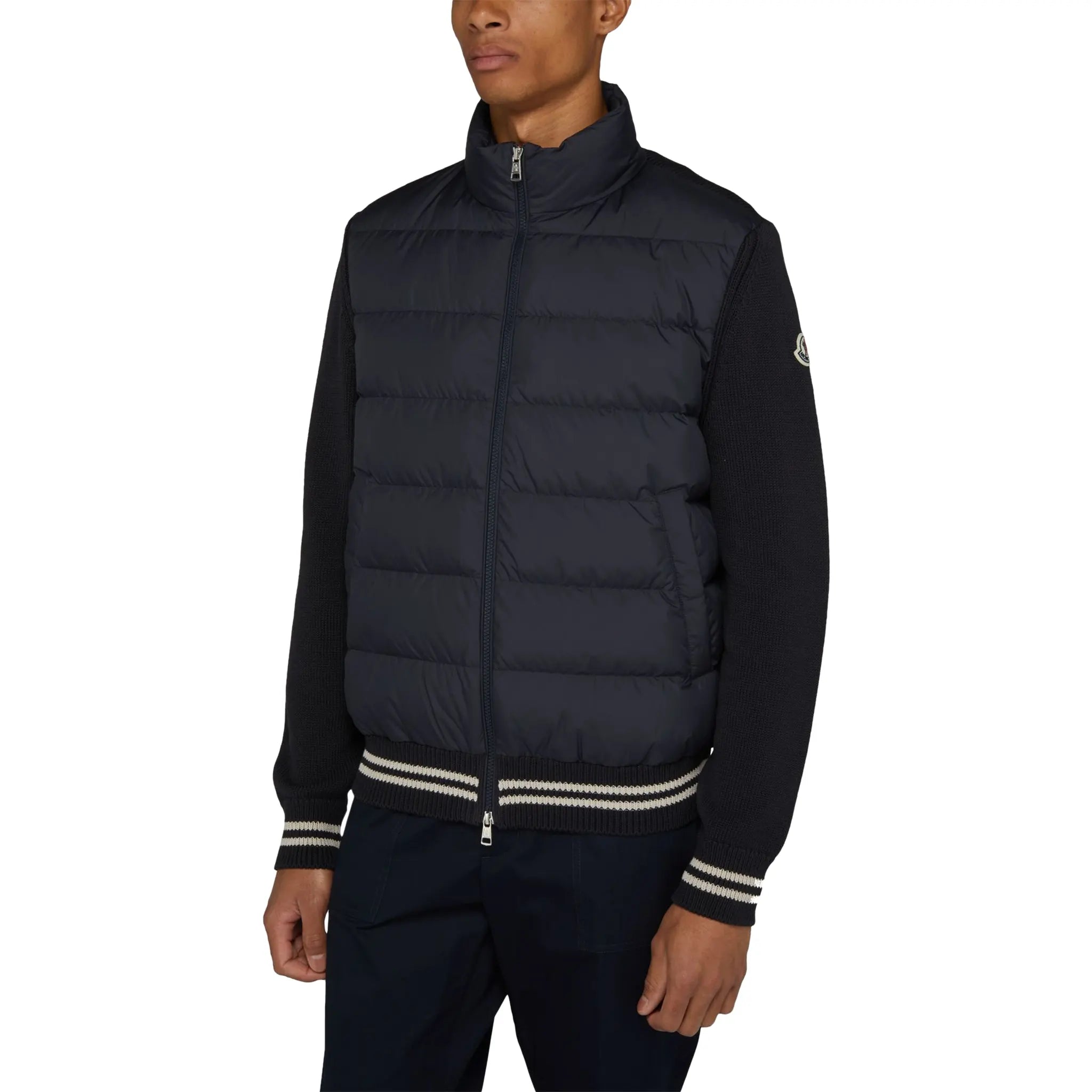 Model front view of Moncler Hybrid Navy Zip Jacket 