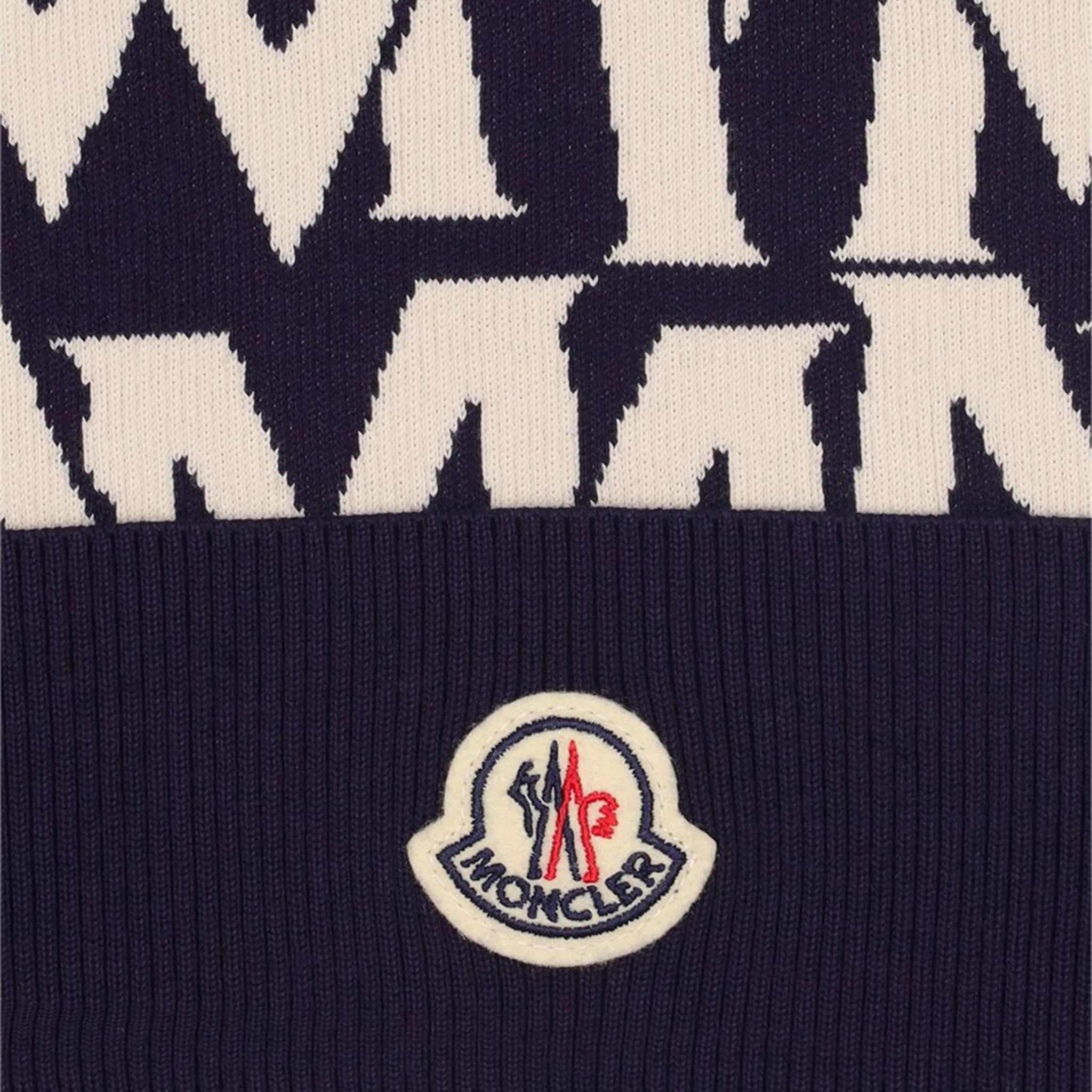 Logo view of Moncler Logo Intarsia Ribbed Blue White Beanie 