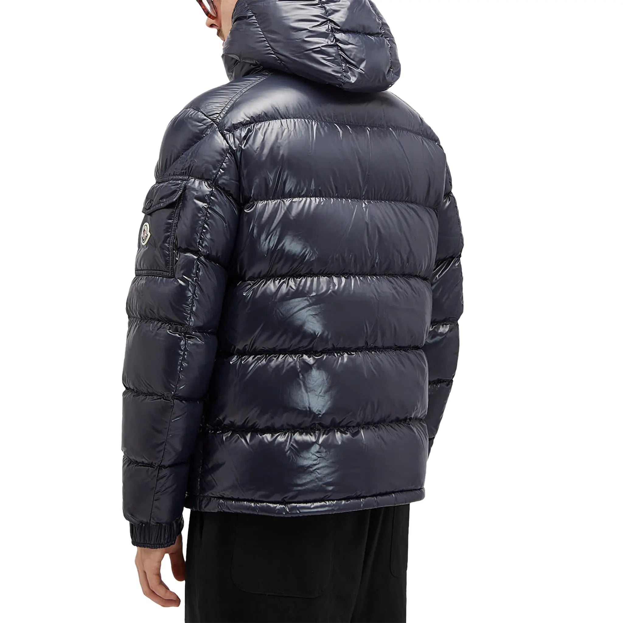 Model back view of Moncler Maya Padded Down Navy Jacket