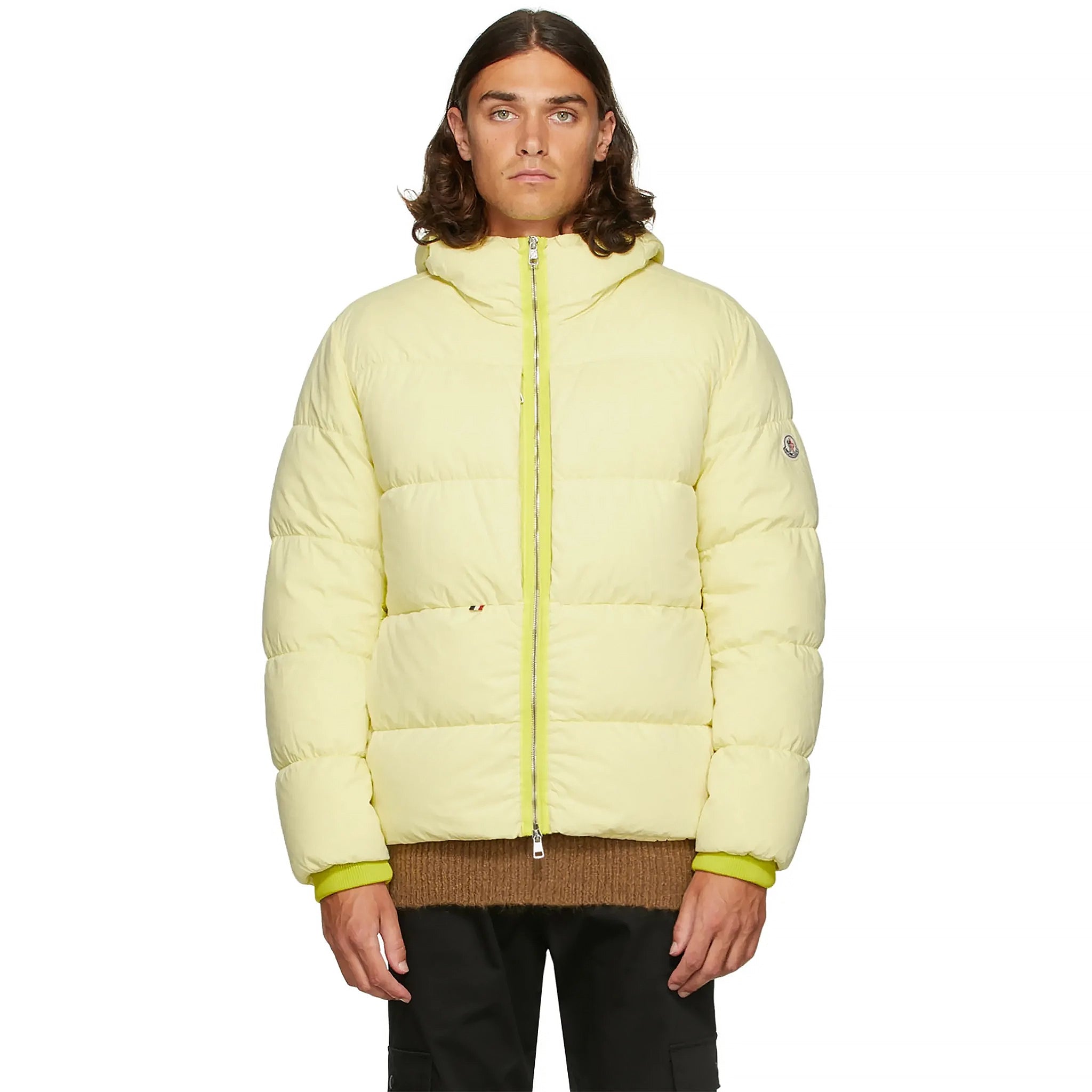 Model front view of Moncler Paviot Padded Yellow Jacket