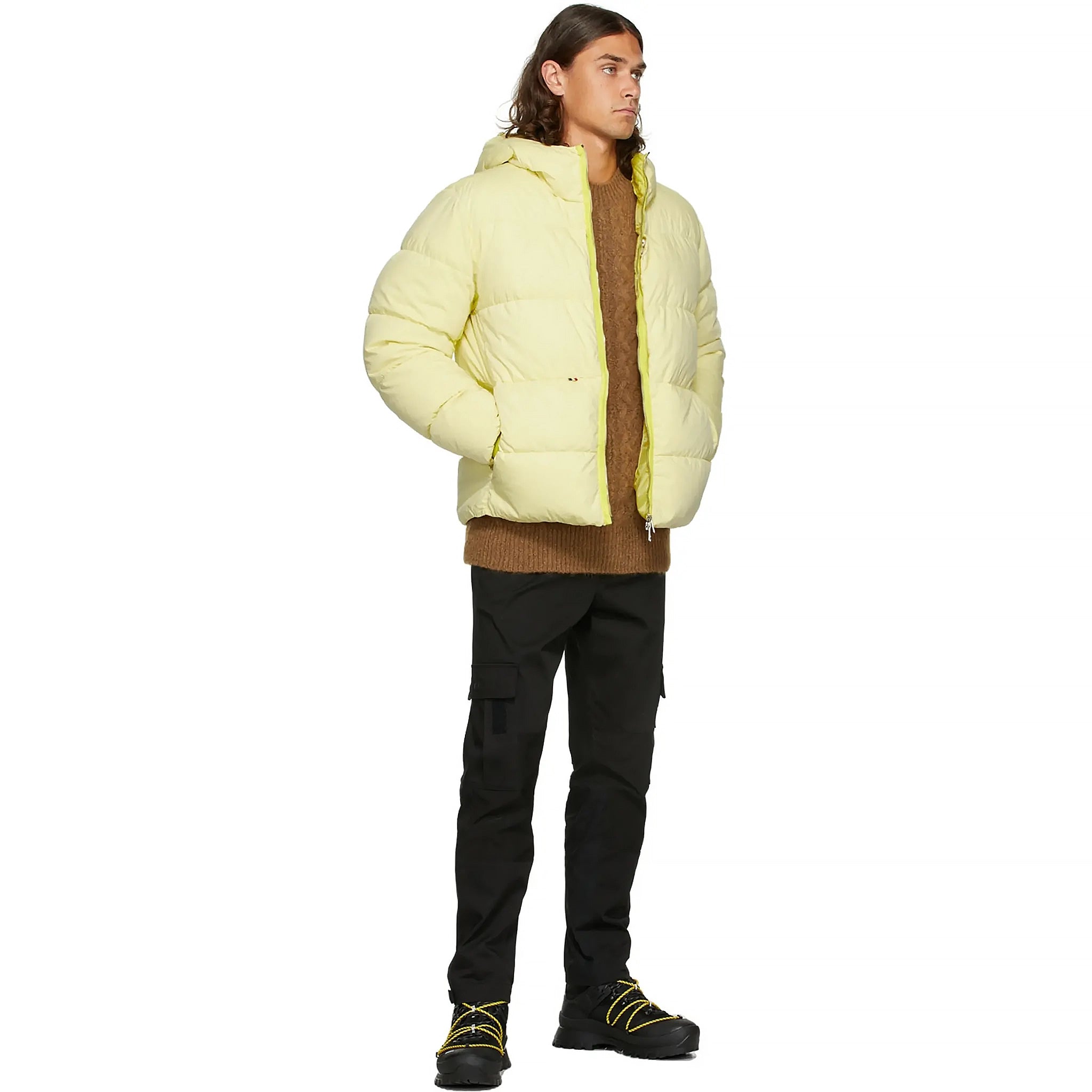 Model front view of Moncler Paviot Padded Yellow Jacket