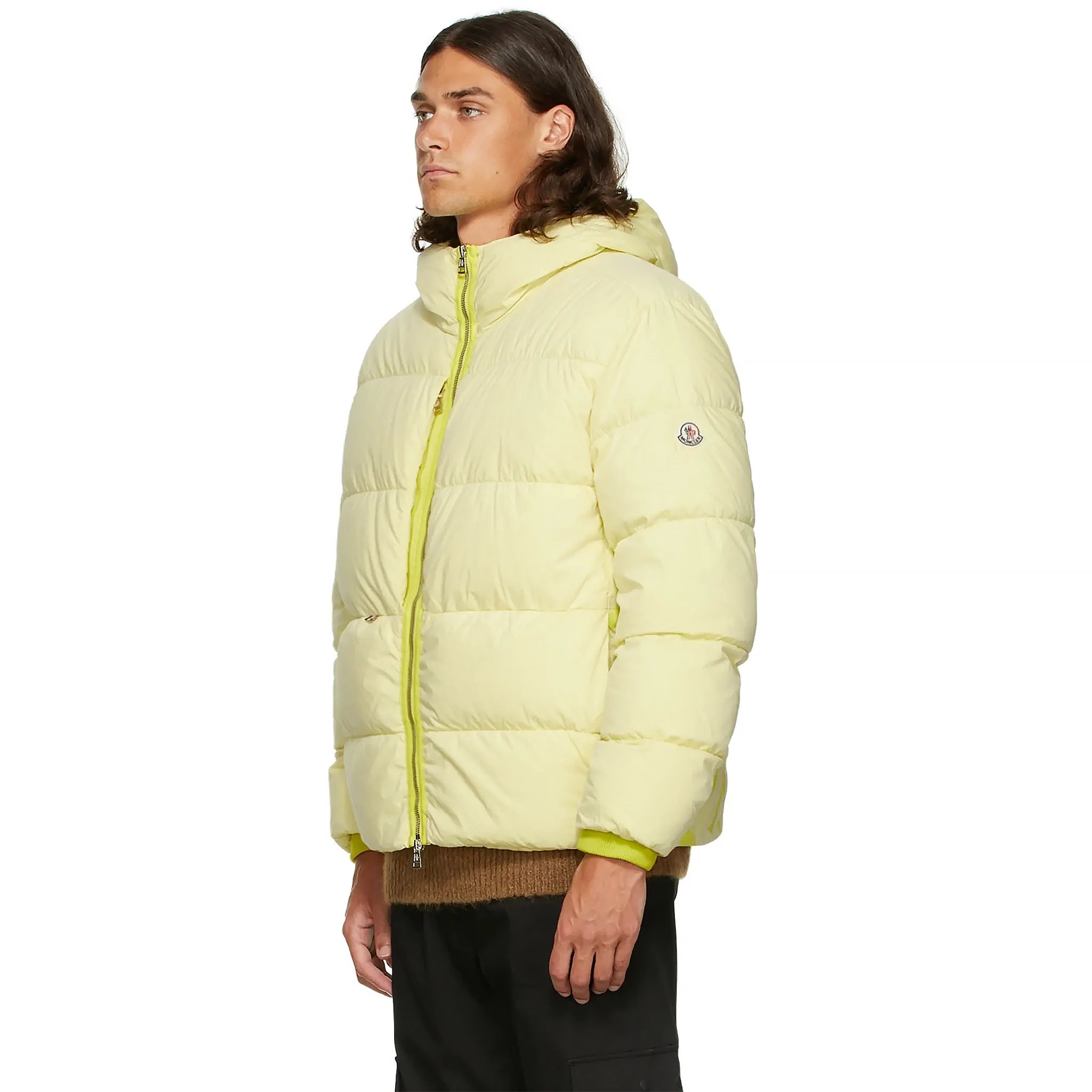 Model front side view of Moncler Paviot Padded Yellow Jacket