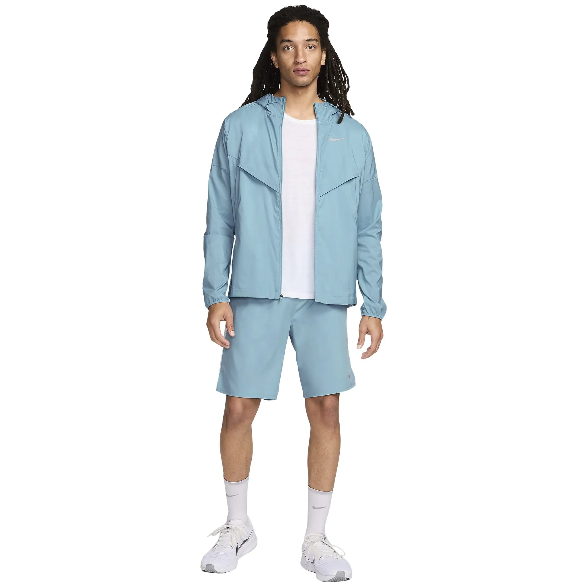 Model view of Nike Denim Turquoise Windrunner Jacket & Shorts FB7511-464 | FJ7780-091