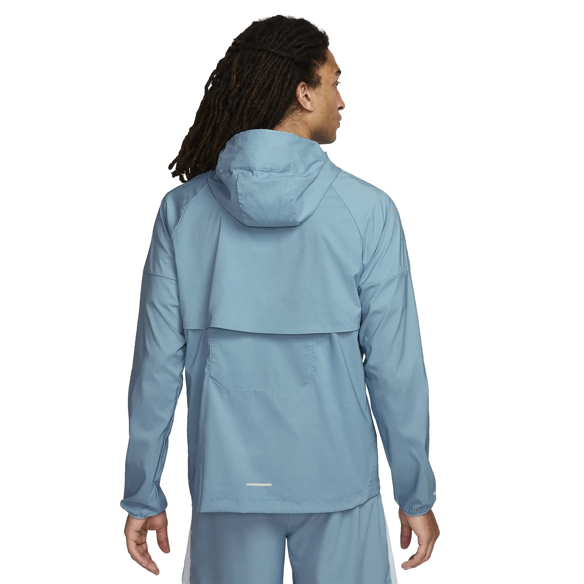 Model back view of Nike Denim Turquoise Windrunner Jacket & Shorts FB7511-464 | FJ7780-091