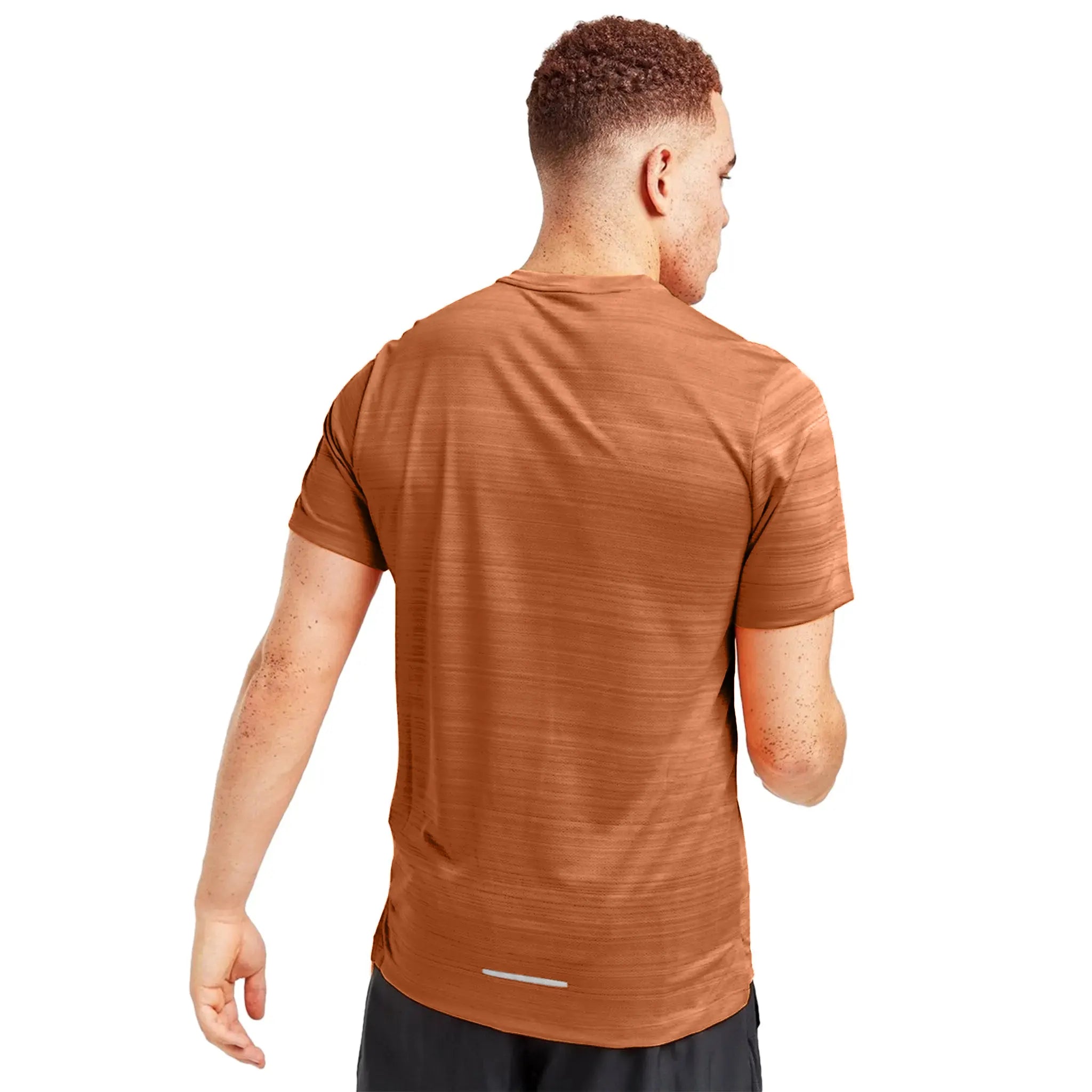 Model Back view of Nike Dri-FIT 1.0 Dark Russet Miler Running T Shirt AJ7566-246