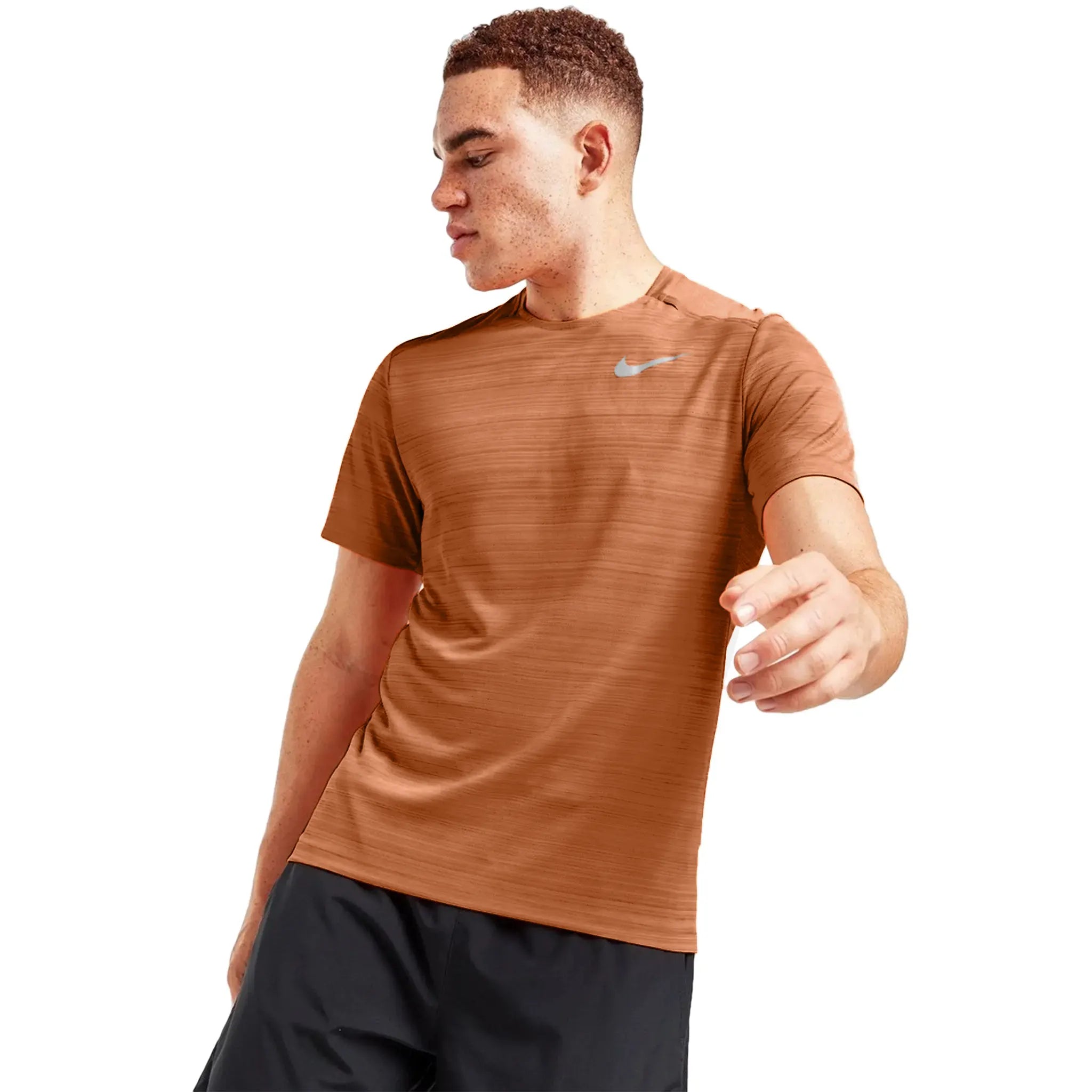 Model Detail view of Nike Dri-FIT 1.0 Dark Russet Miler Running T Shirt AJ7566-246