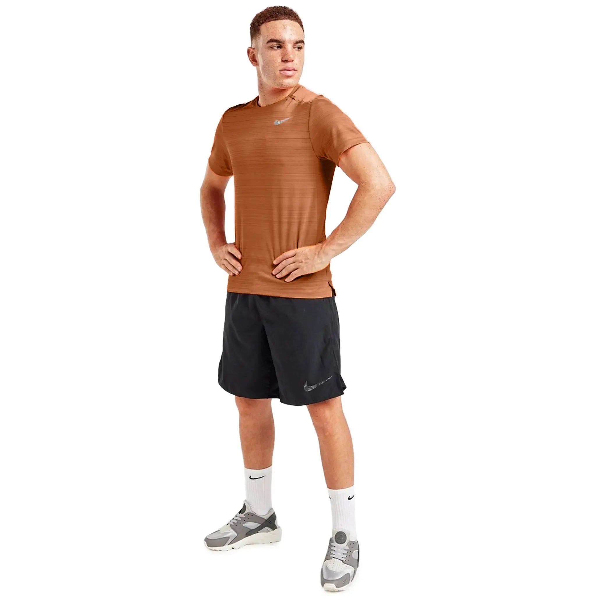 Model Front view of Nike Dri-FIT 1.0 Dark Russet Miler Running T Shirt AJ7566-246