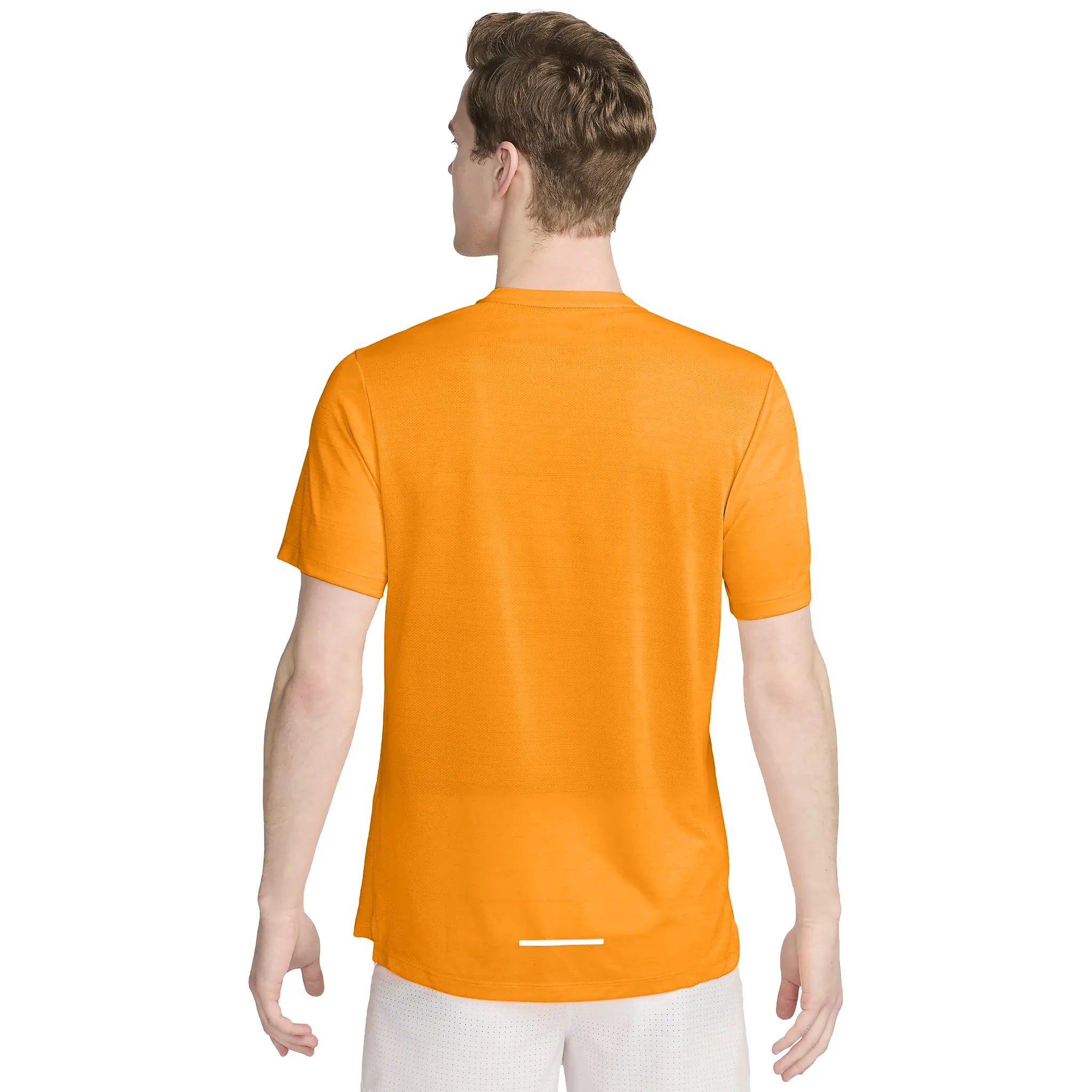 Model back view of Nike Dri-fit 1.0 Laser Orange Miler Running T Shirt FZ4782-819