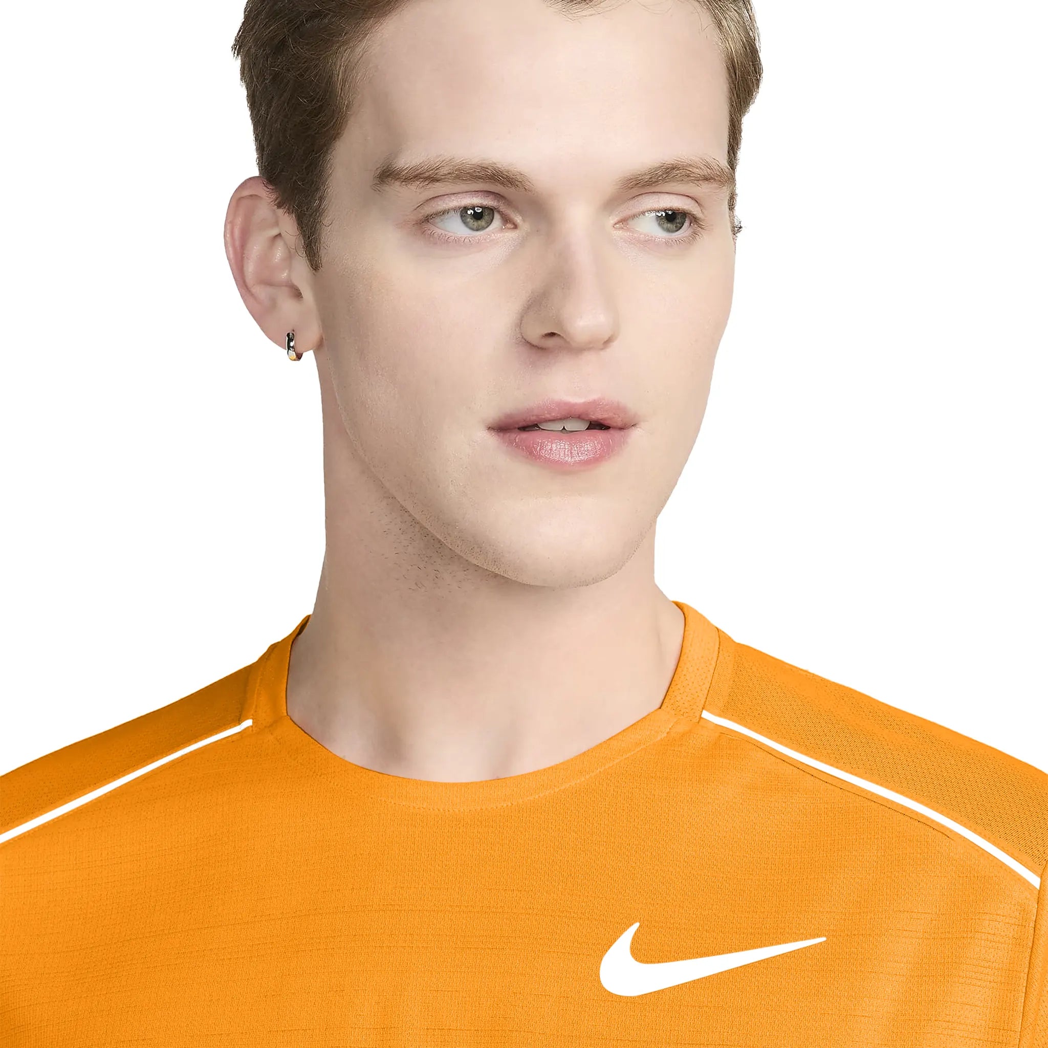 Model chest view of Nike Dri-fit 1.0 Laser Orange Miler Running T Shirt FZ4782-819