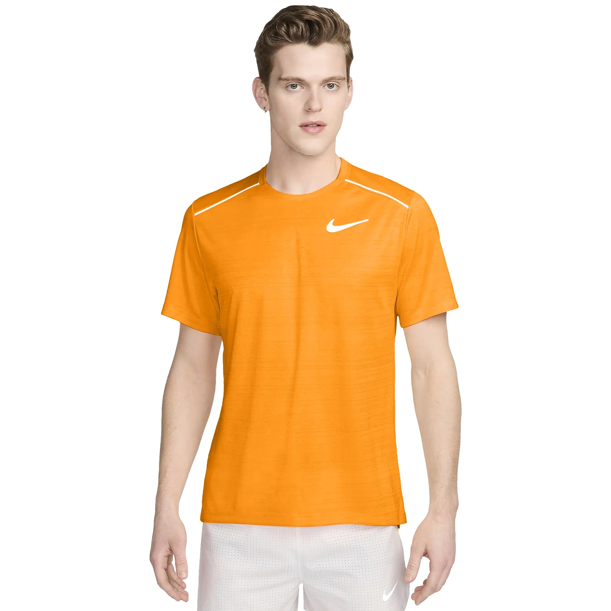 Model front view of Nike Dri-fit 1.0 Laser Orange Miler Running T Shirt FZ4782-819