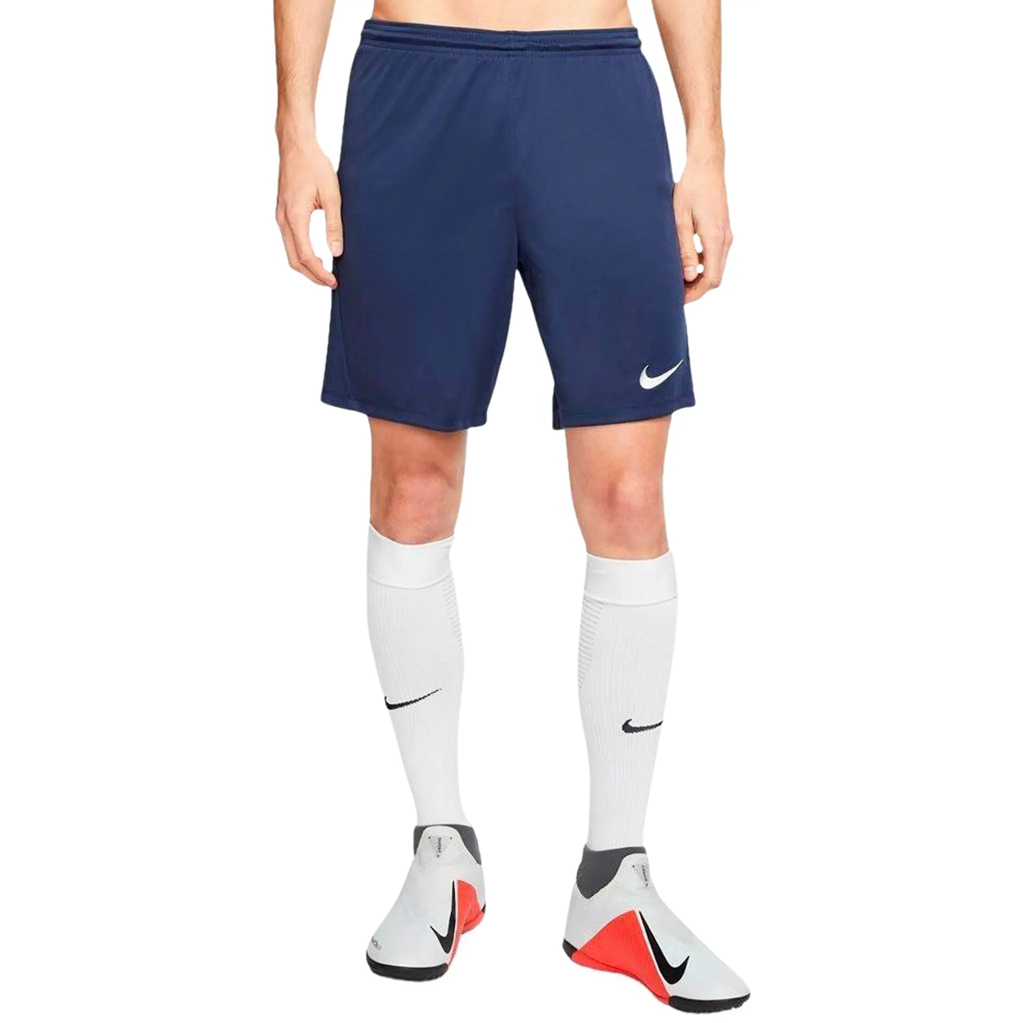 Model front view of Nike Dri-FIT Park III Midnight Navy T-Shirt & Shorts BV6708-410 | BV6855-410