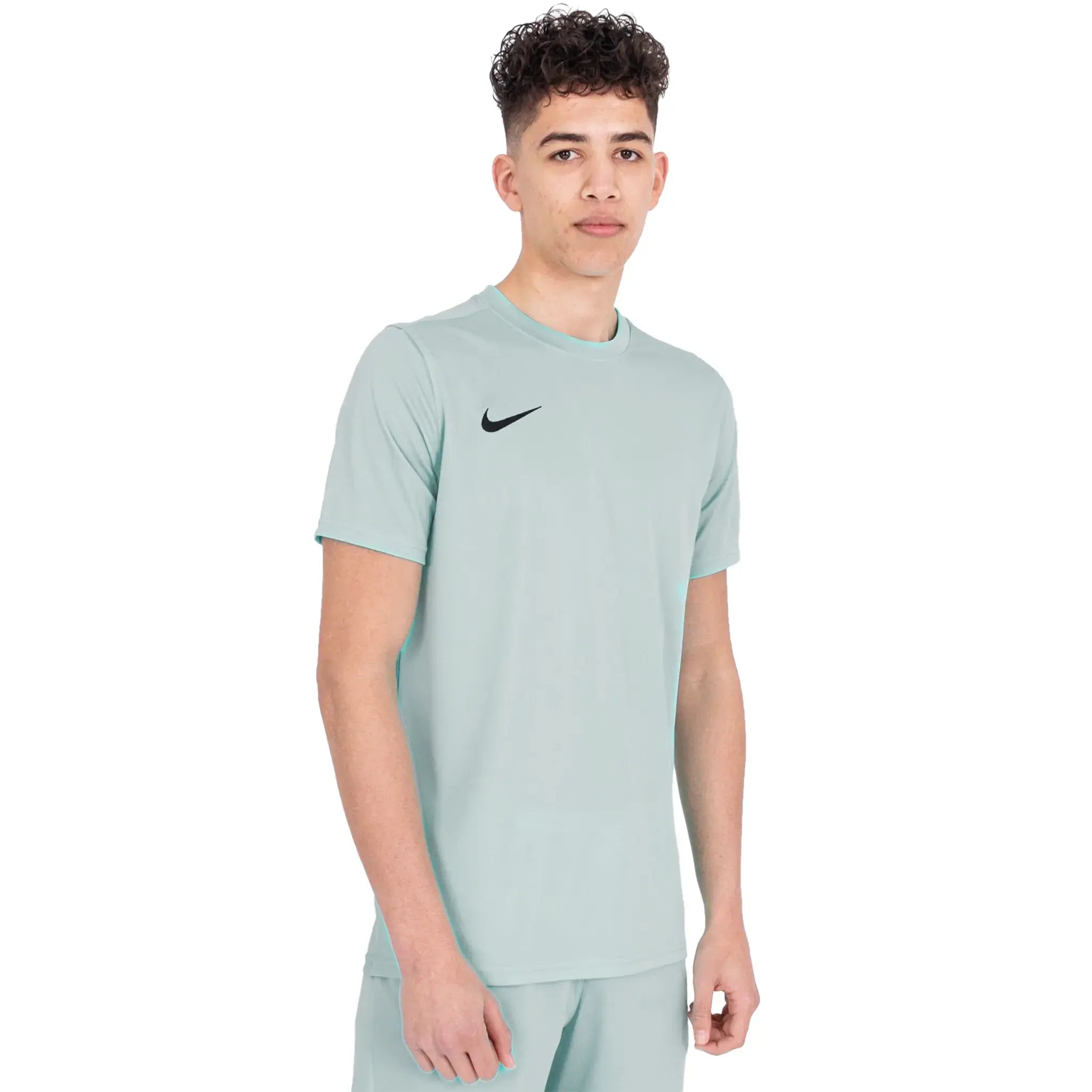 Model front view of Nike Dri-FIT Park III Hyper Turquoise Black T-Shirt & Shorts BV6708-463