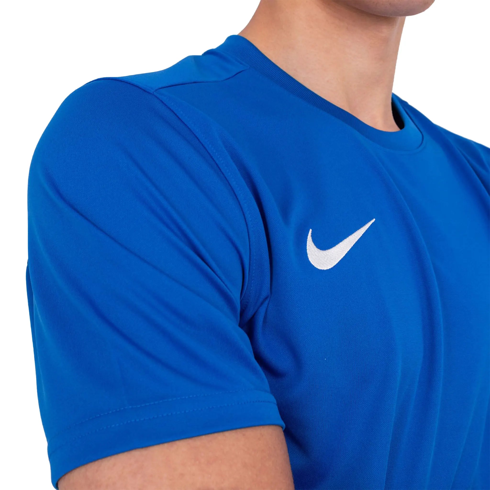 Model chest view of Nike Dri-FIT Park III Royal Blue White T-Shirts & Shorts BV6708-463