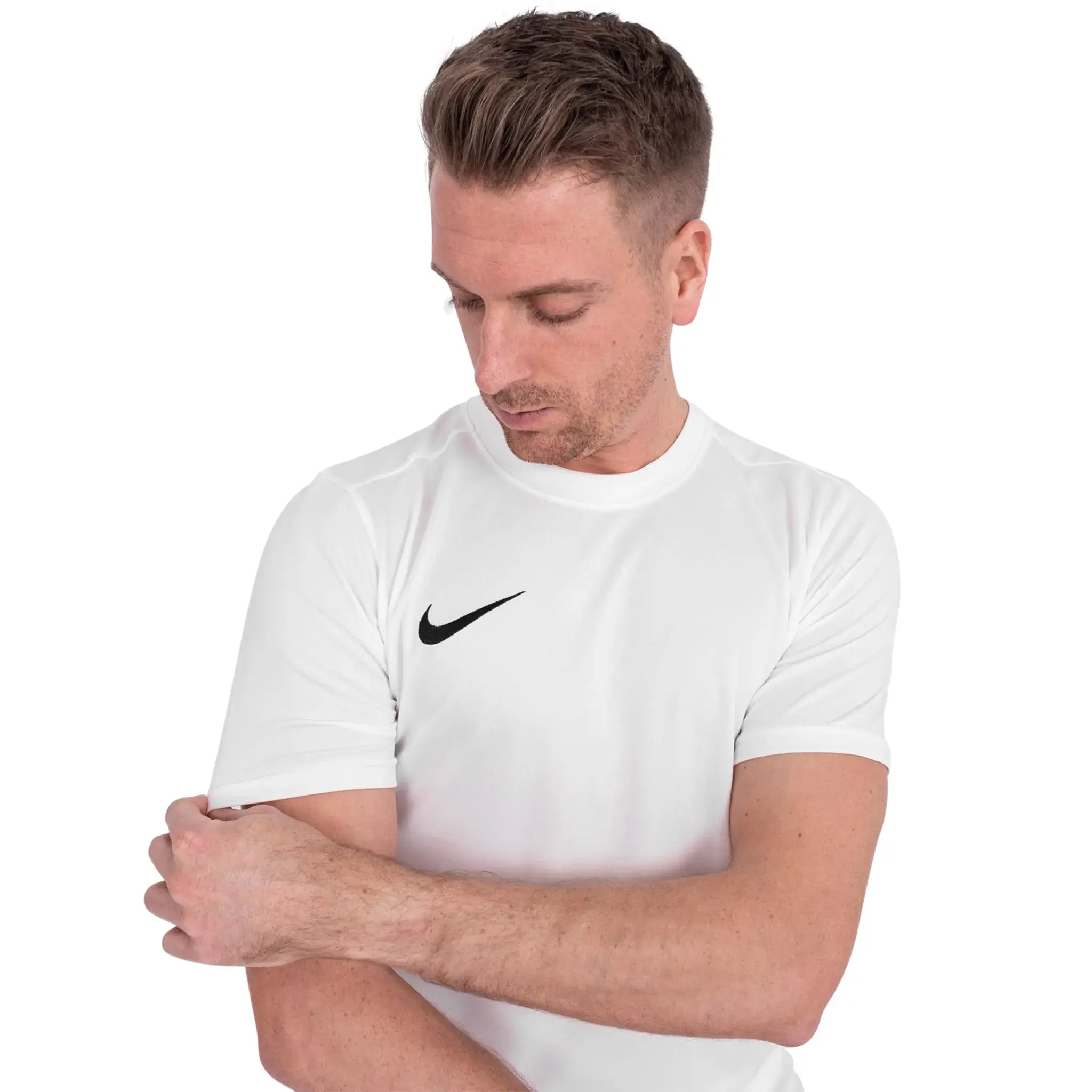 Model detail T Shirt view of Nike Dri-FIT Park III White Black T-Shirt & Shorts BV6708-100 