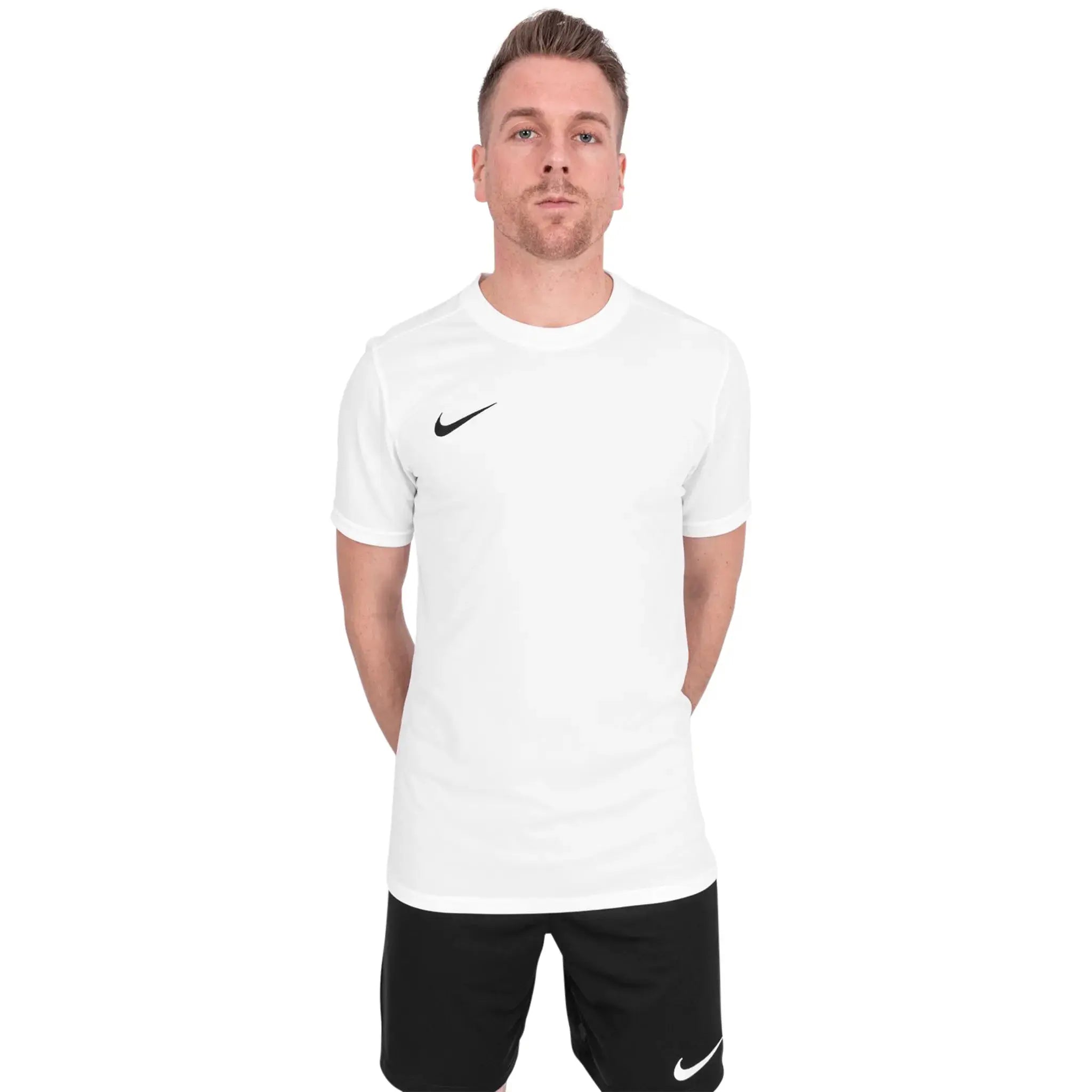 Model front T Shirt view of Nike Dri-FIT Park III White Black T-Shirt & Shorts BV6708-100 