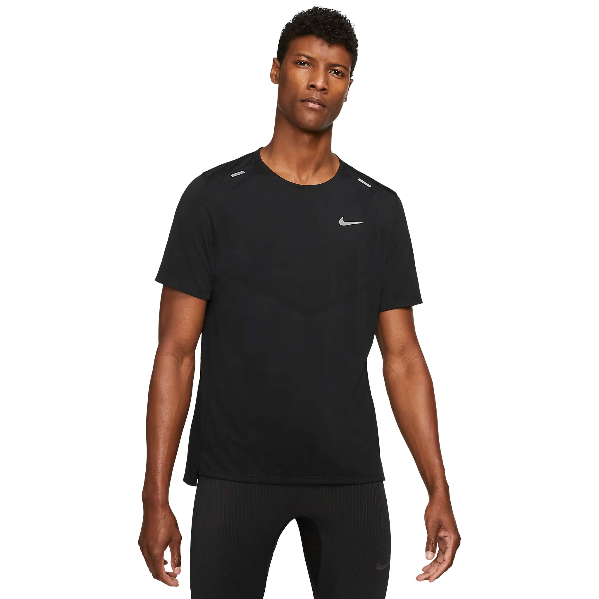 Model t shirt front back view of Nike Dri-FIT Black T-Shirts & Shorts CZ9185-013 | CZ9062-010