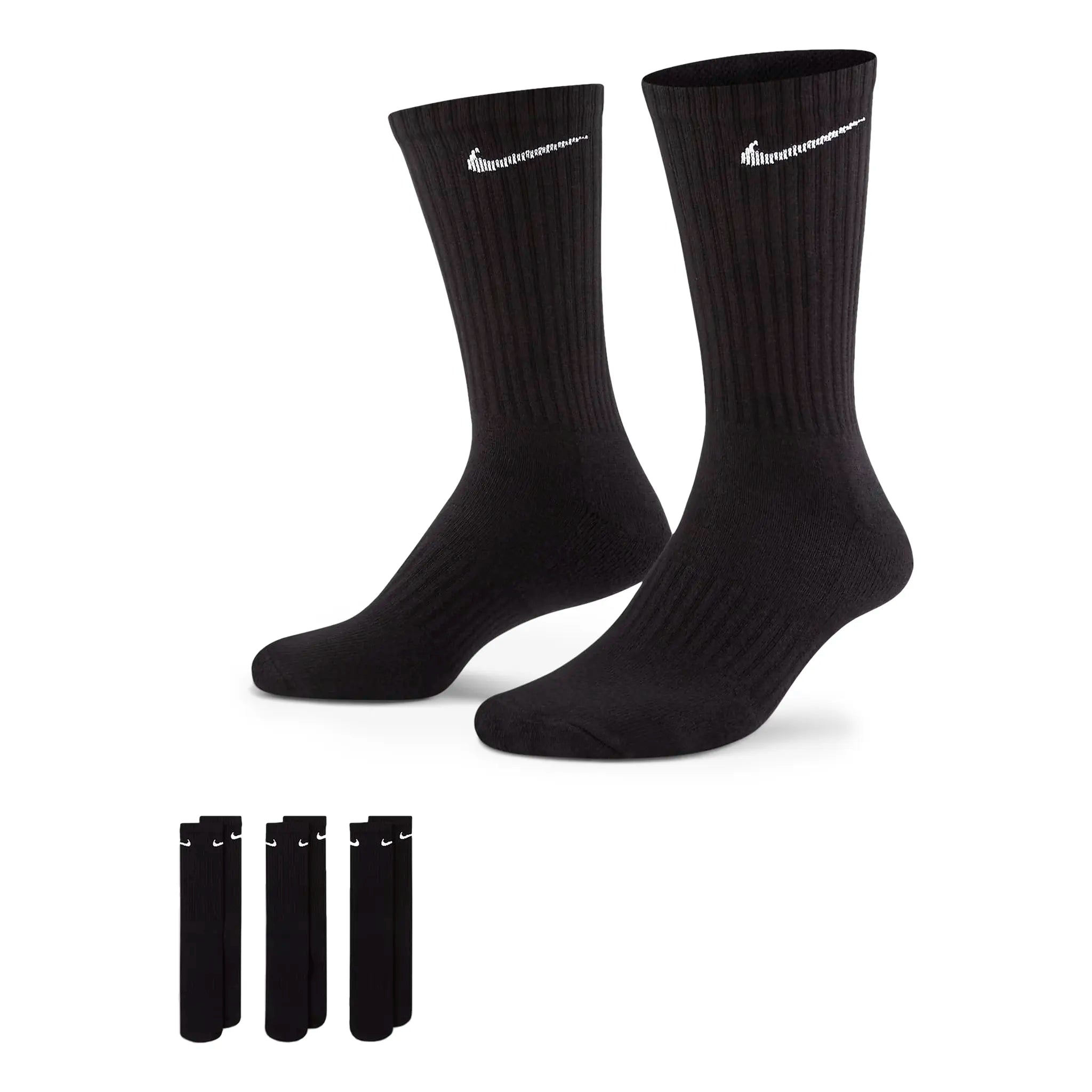 Front view of Nike Everyday Cushioned Training Black Crew Socks - 3 Pairs SX7664-010