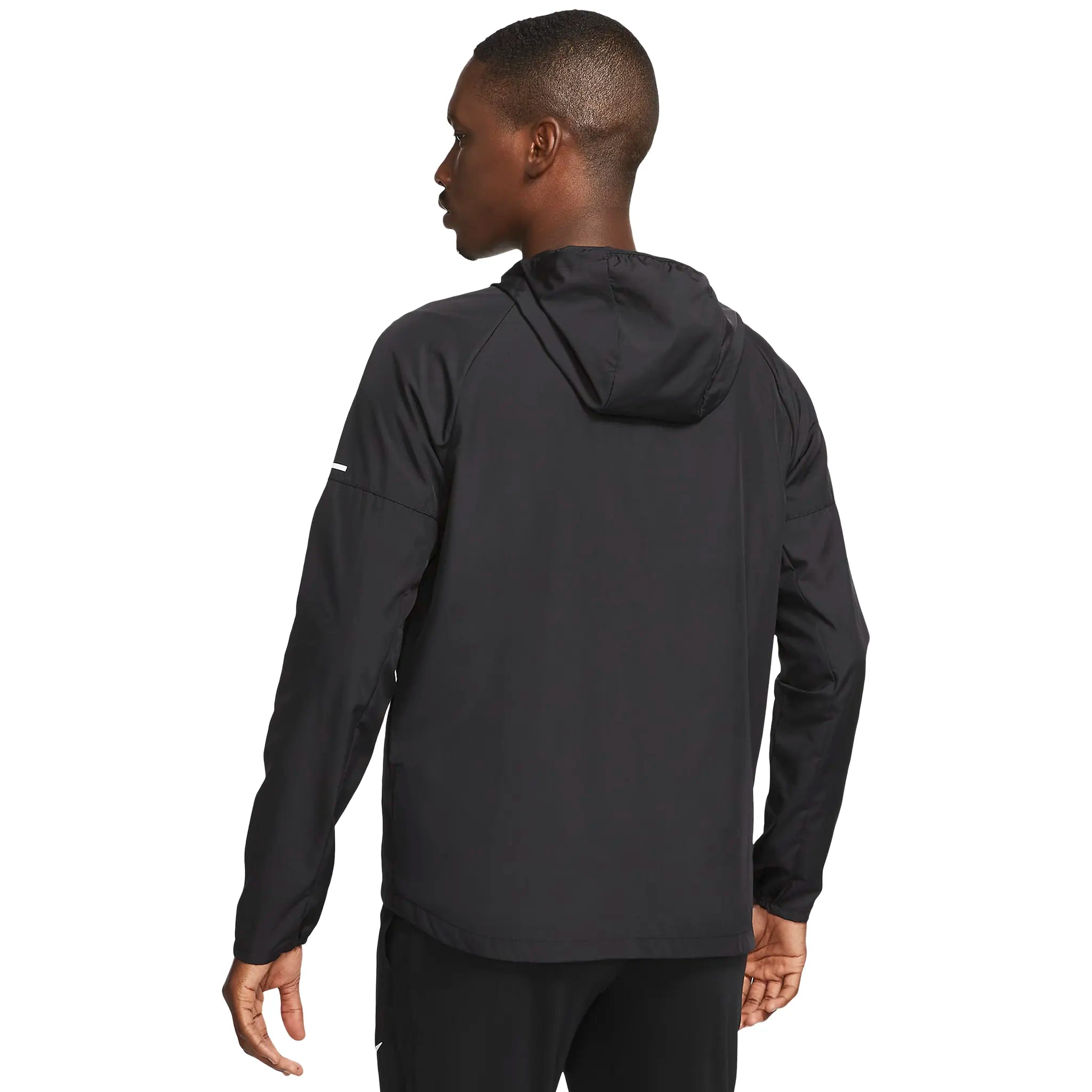 Model back view of Nike Repel Black Windbreaker & Shorts DD4746-010 | DV9340-010