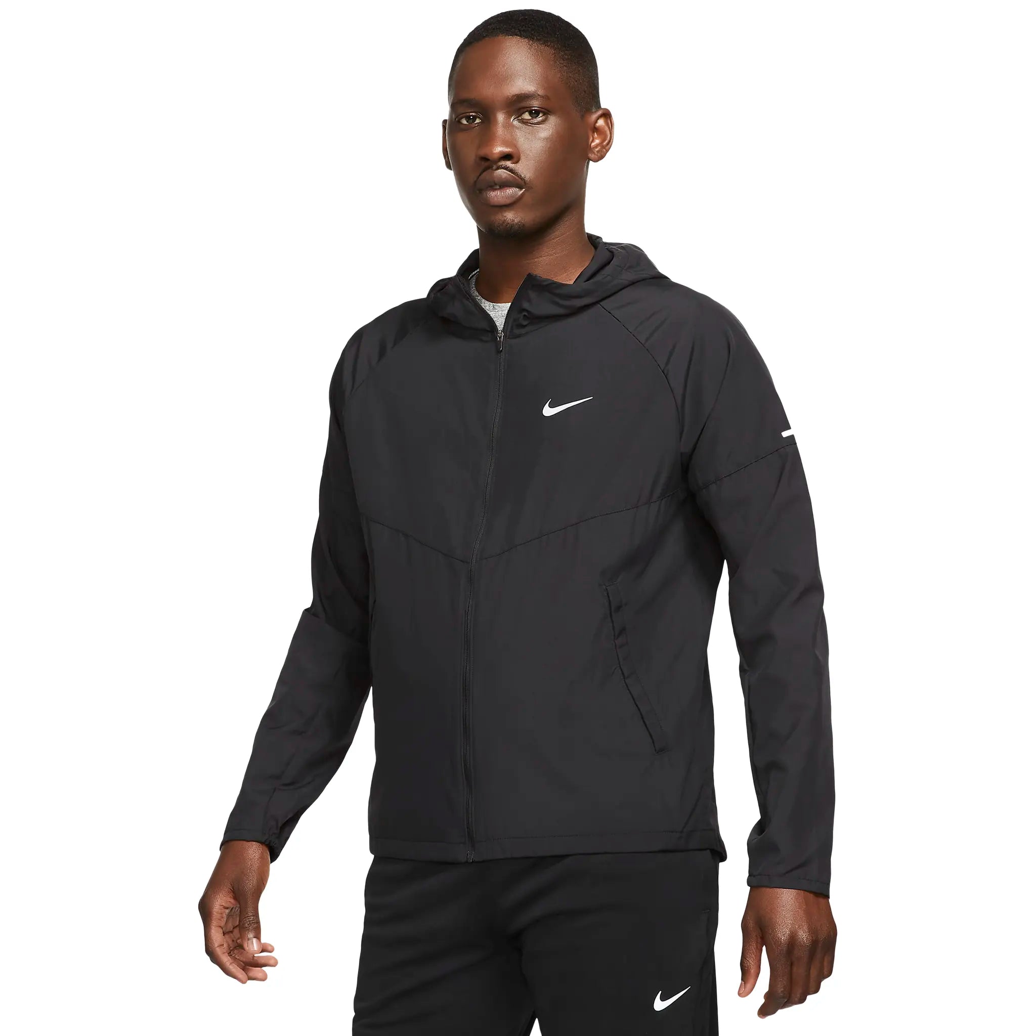 Model front view of Nike Repel Black Windbreaker & Shorts DD4746-010 | DV9340-010