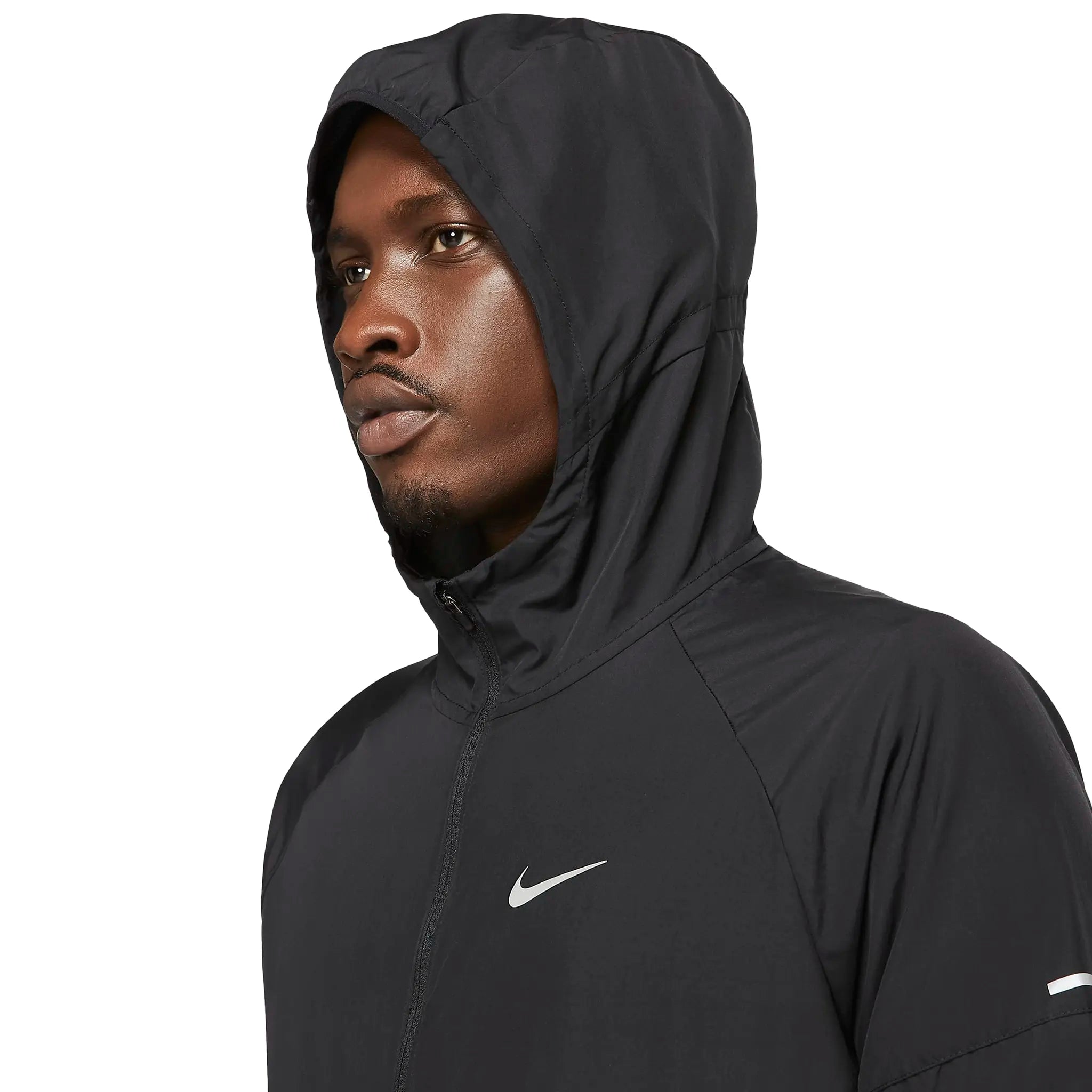 Model hood detail view of Nike Repel Black Windbreaker & Shorts DD4746-010 | DV9340-010