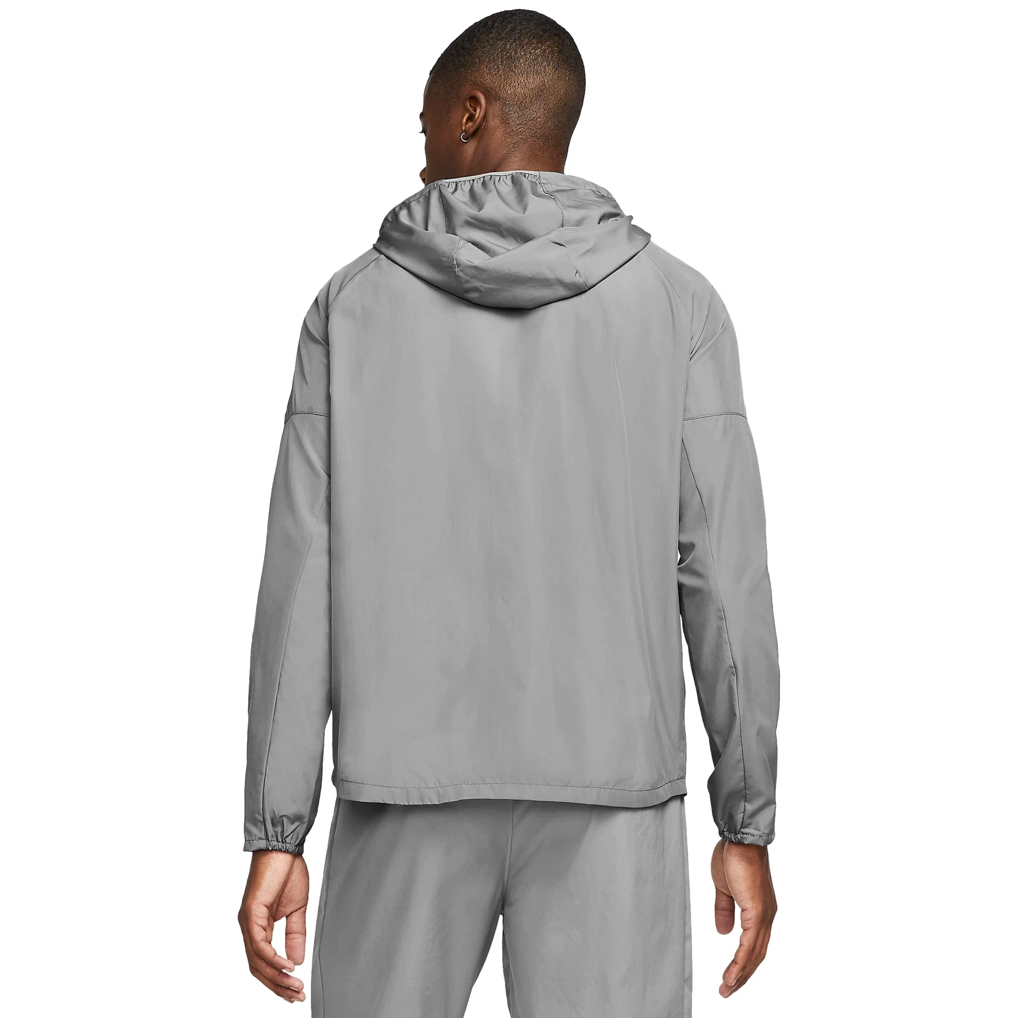 Model back view of Nike Miler Repel Grey Windbreaker