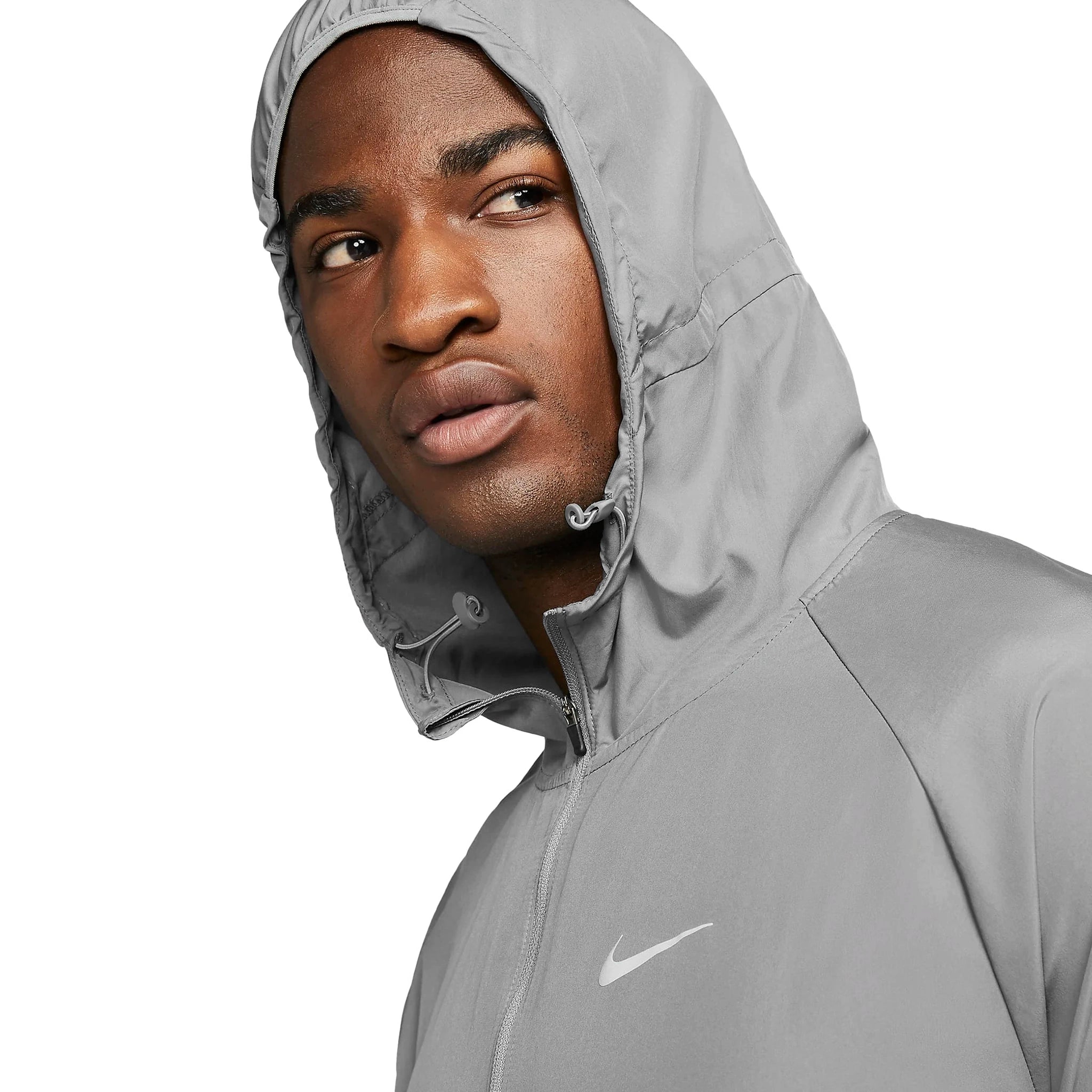 Model hood view of Nike Miler Repel Grey Windbreaker