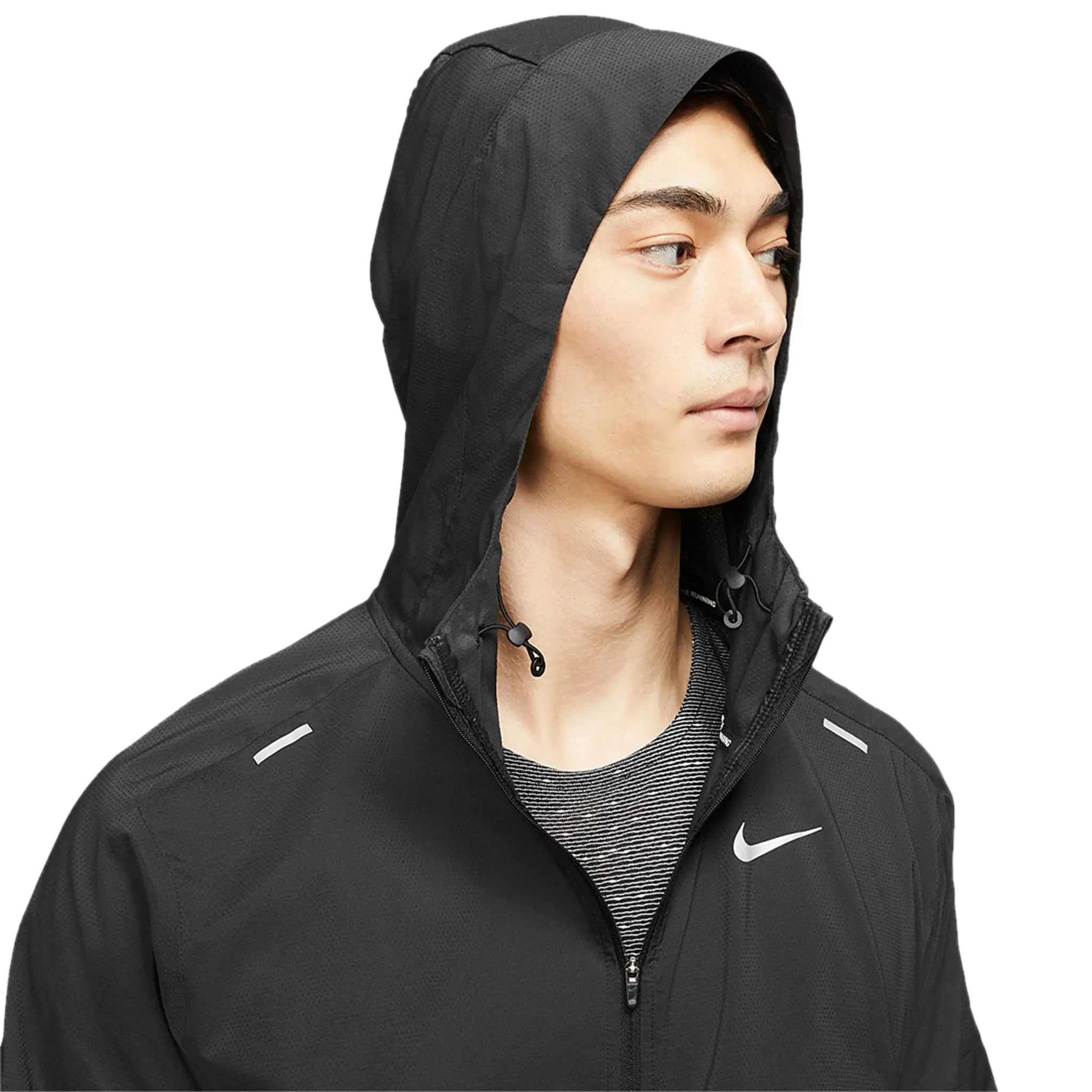 Model hood view of Nike Black Windbreaker & Sweatpants CZ9070-010 | CU5504-010