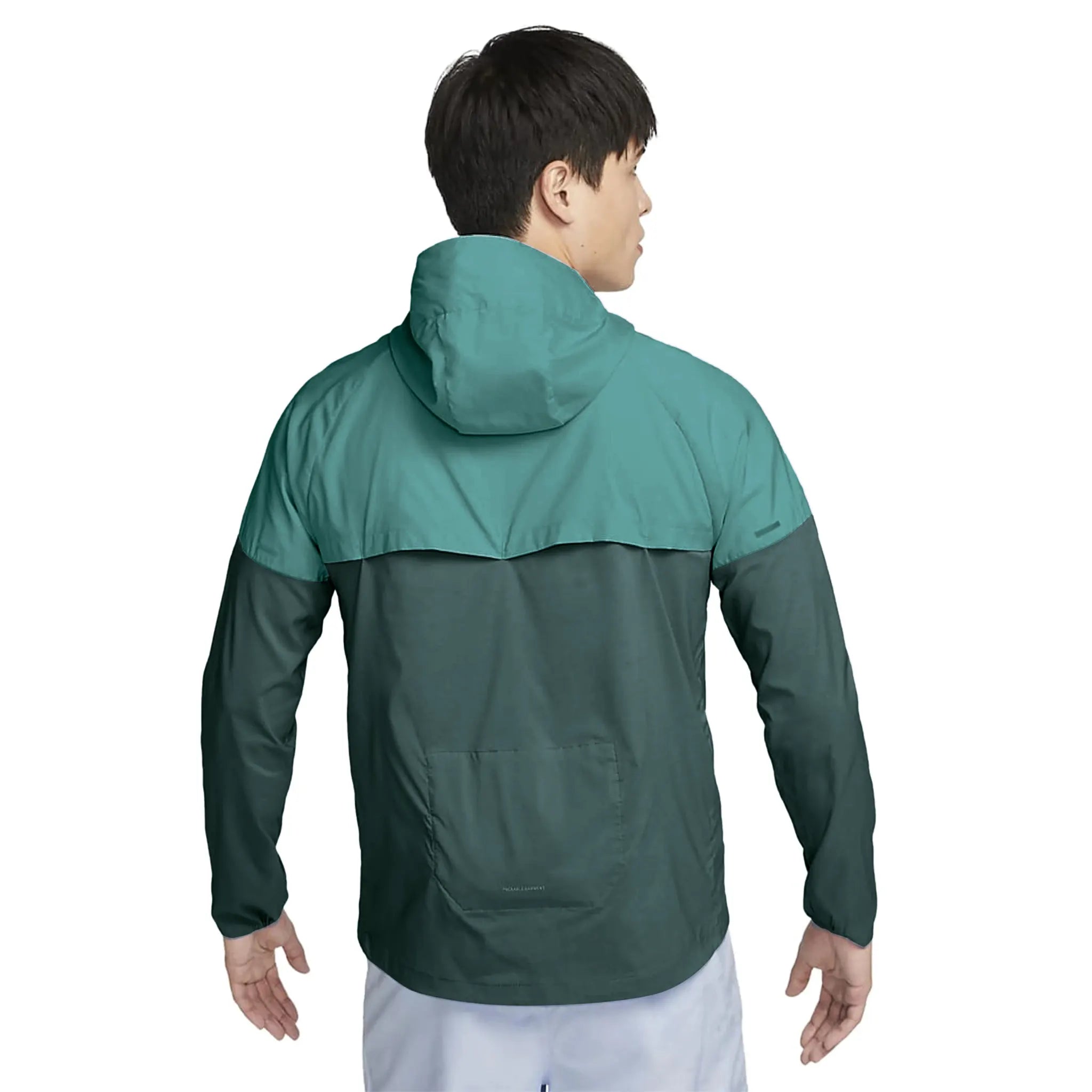 Model back view of Nike Repel Packable Teal Windrunner Jacket CZ9071-379