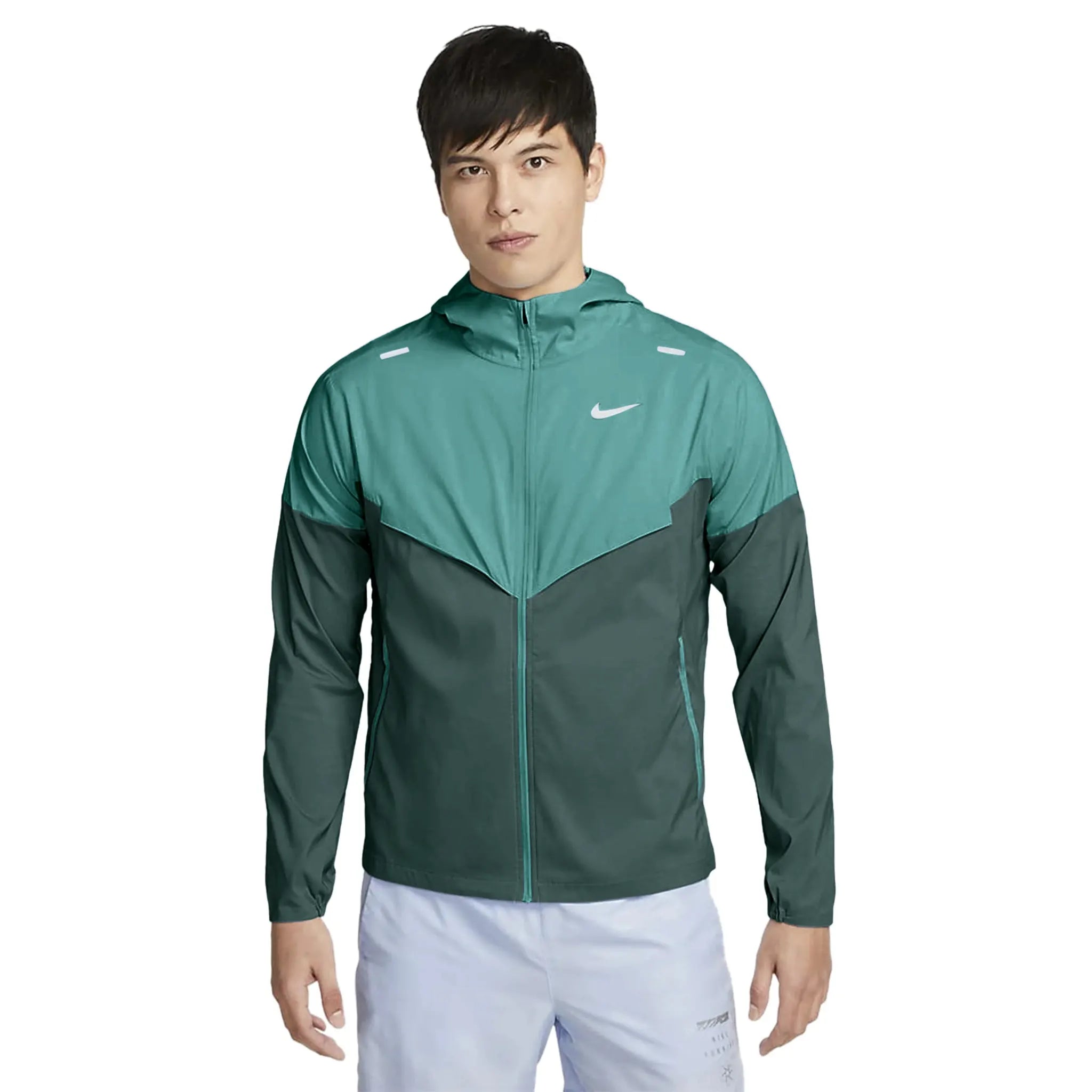 Model front view of Nike Repel Packable Teal Windrunner Jacket CZ9071-379