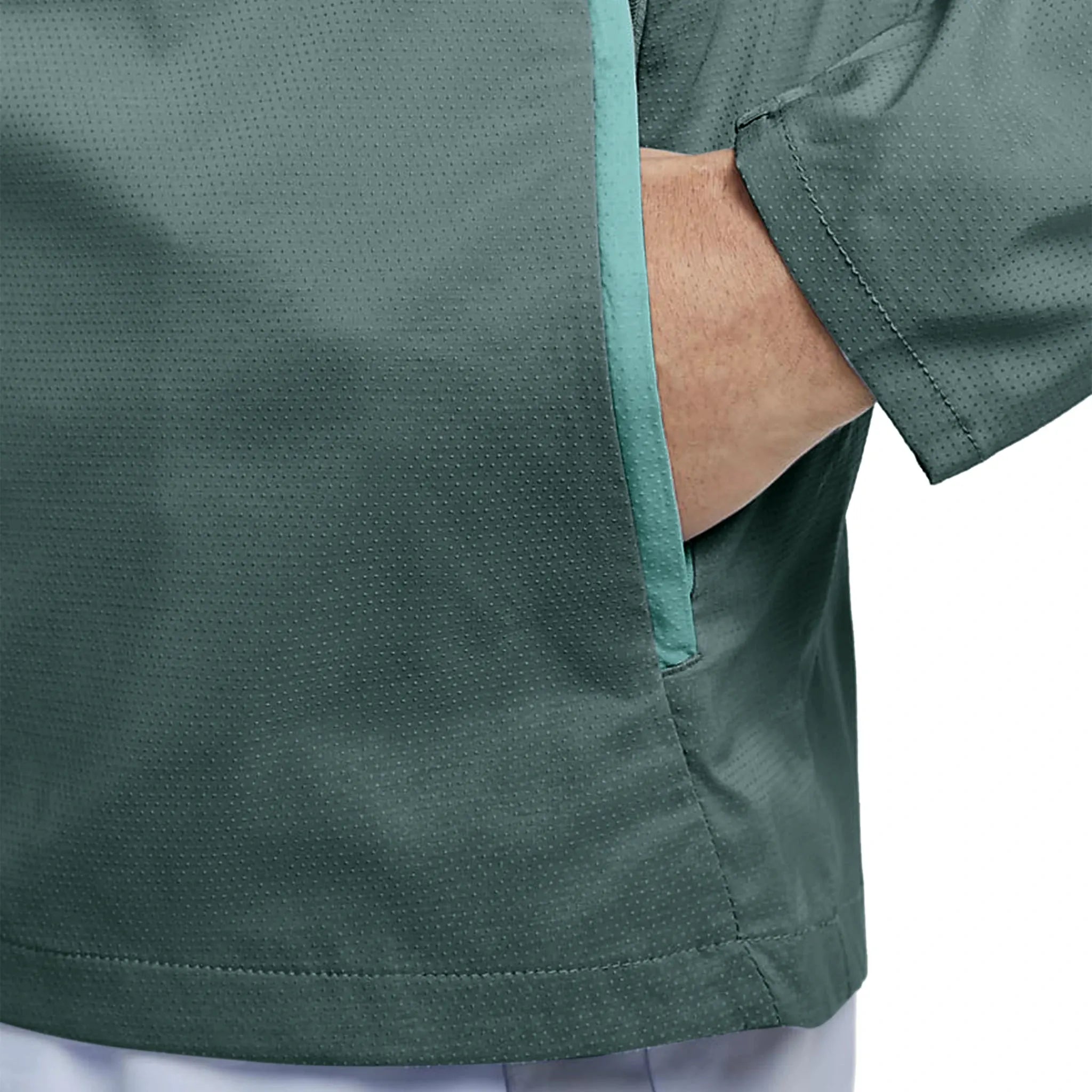 Model pocket view of Nike Repel Packable Teal Windrunner Jacket CZ9071-379