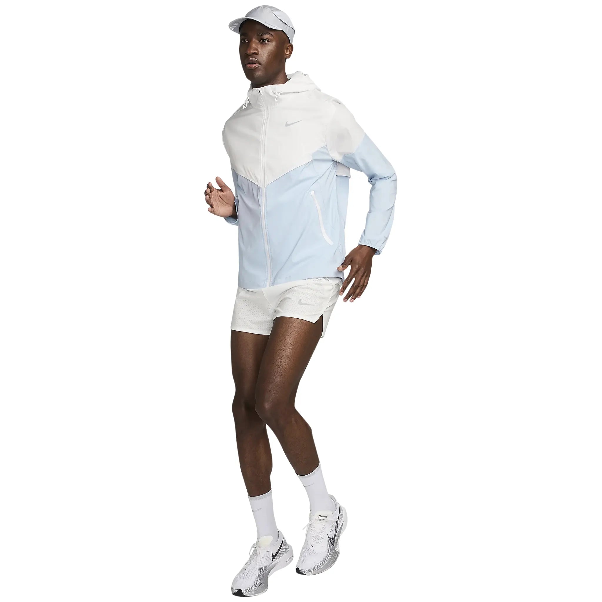 Model view of Nike Repel Packable White Blue Windrunner Jacket FB7540-094