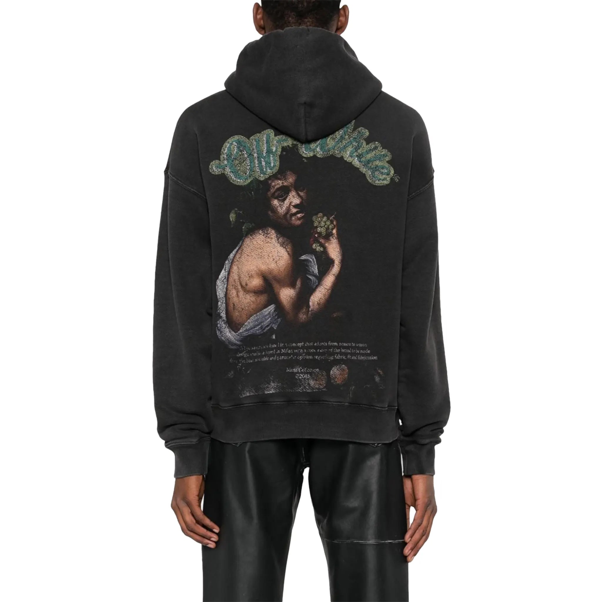 Model back view of Off-White Bacchus Skate Black Hoodie OMBB085S24FLE0201055