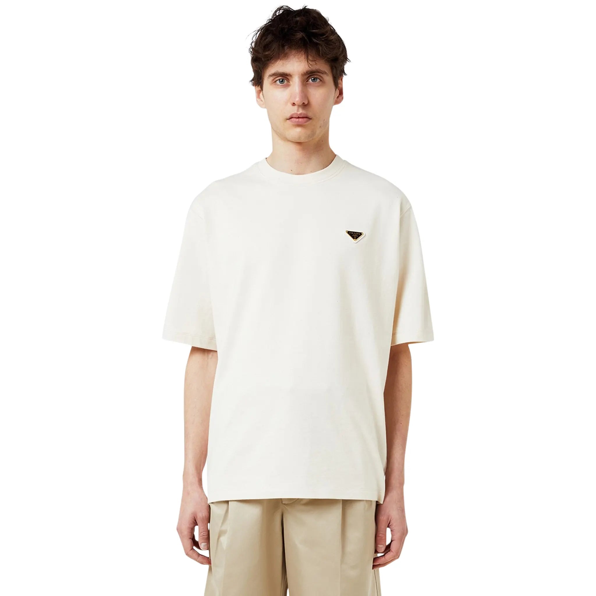 Model front view of Prada Chest Logo Cotton Natural T Shirt