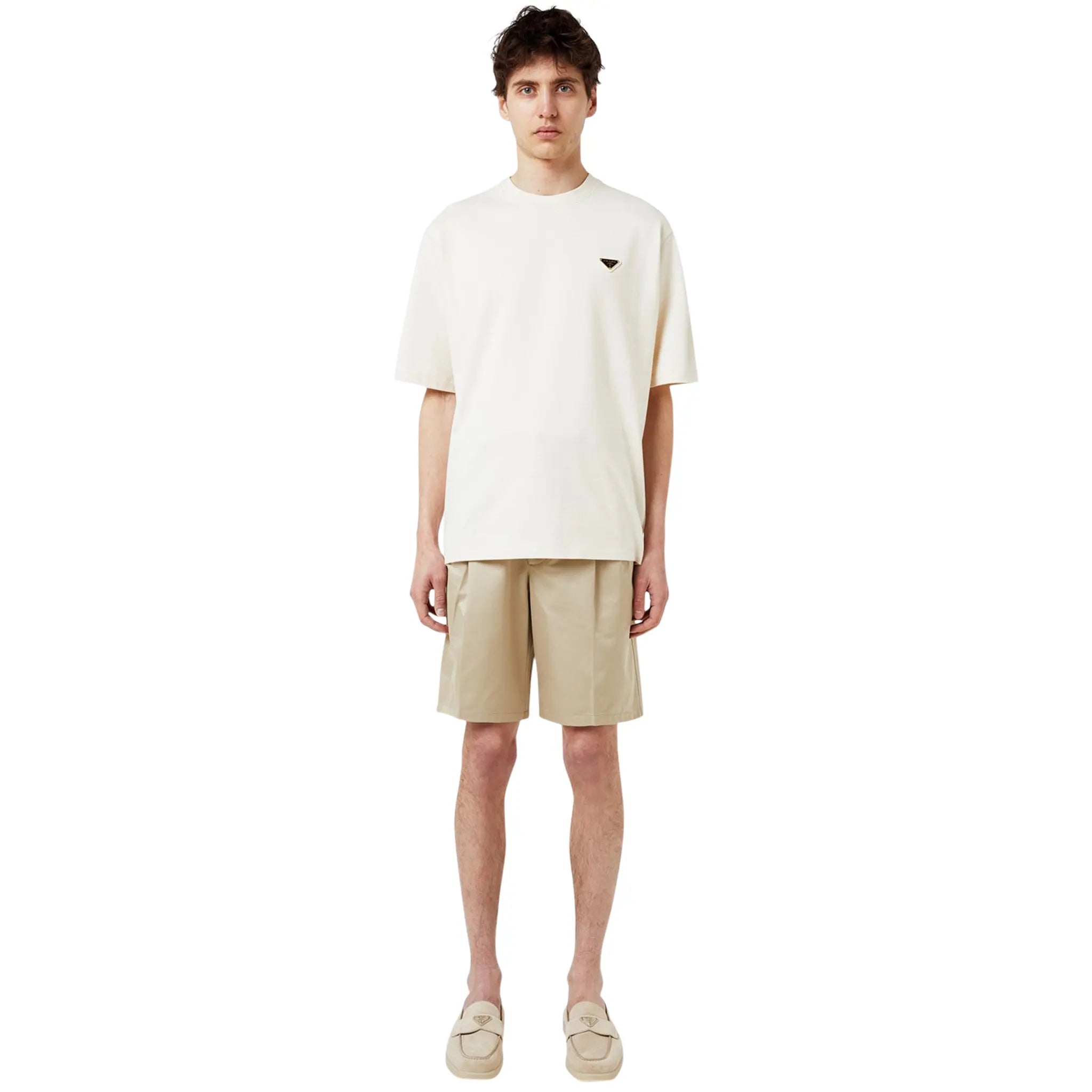 Model full view of Prada Chest Logo Cotton Natural T Shirt