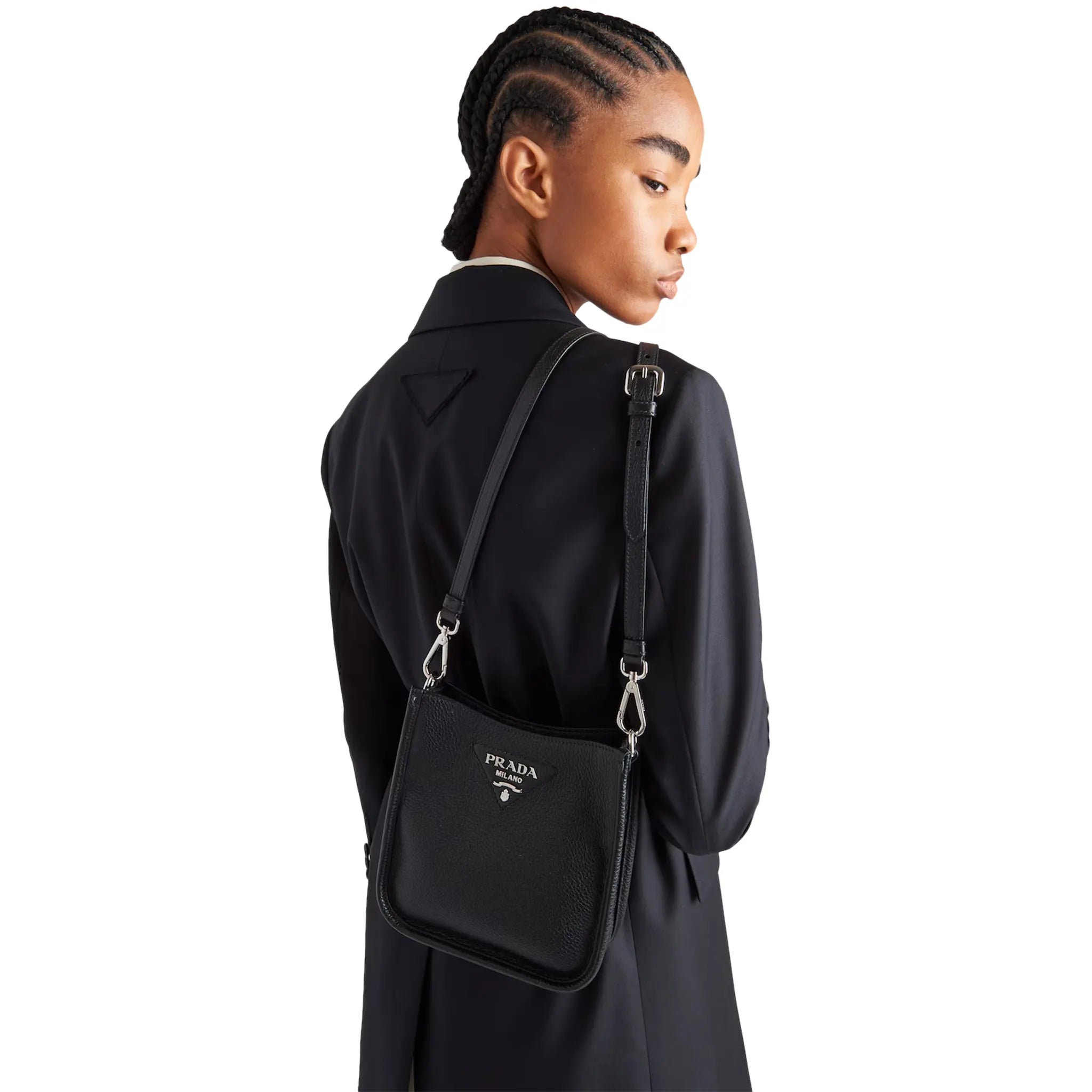 Model Back view of Prada Leather Mini Black Shoulder Bag 1BH191_2DKV_F0002_V_3OO