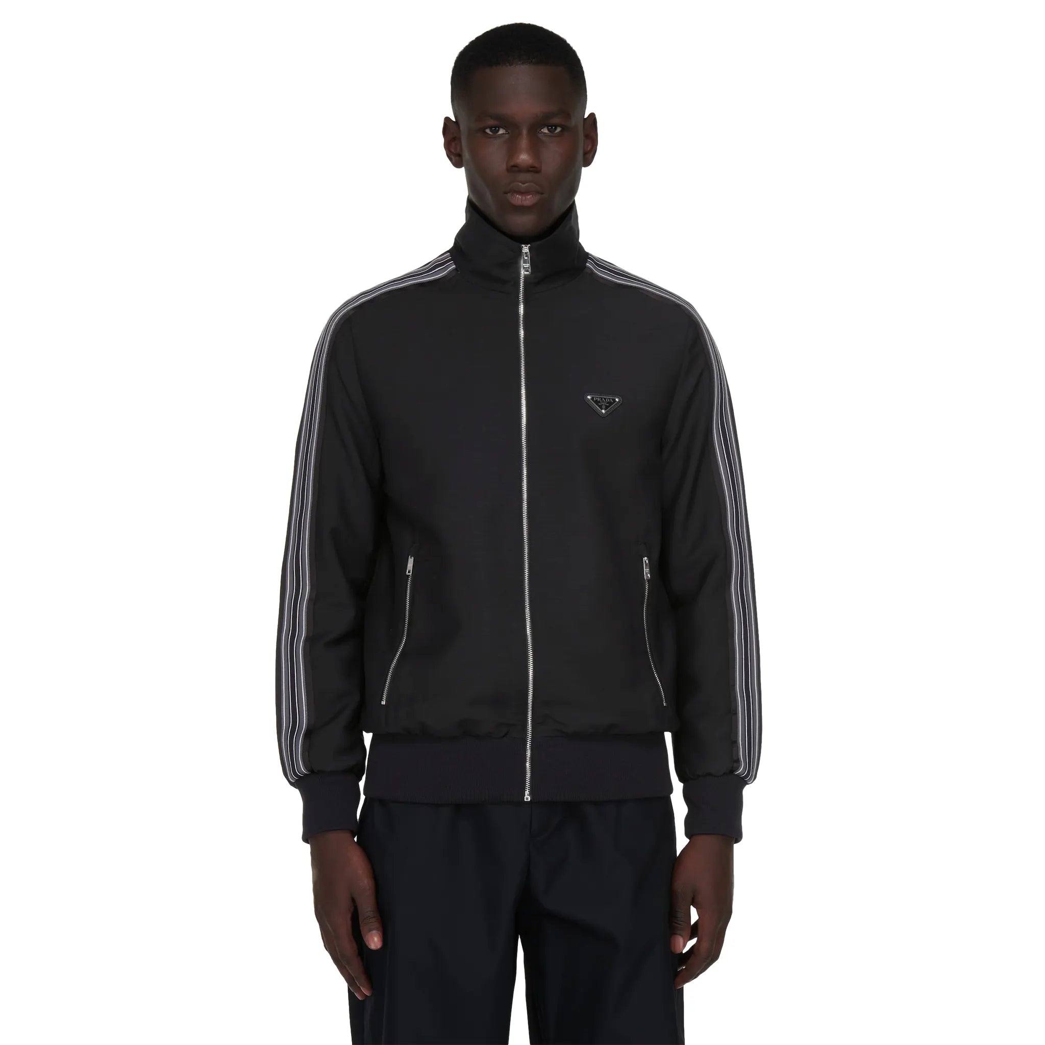 Model front view of Prada Mohair And Wool Logo Black Track Jacket