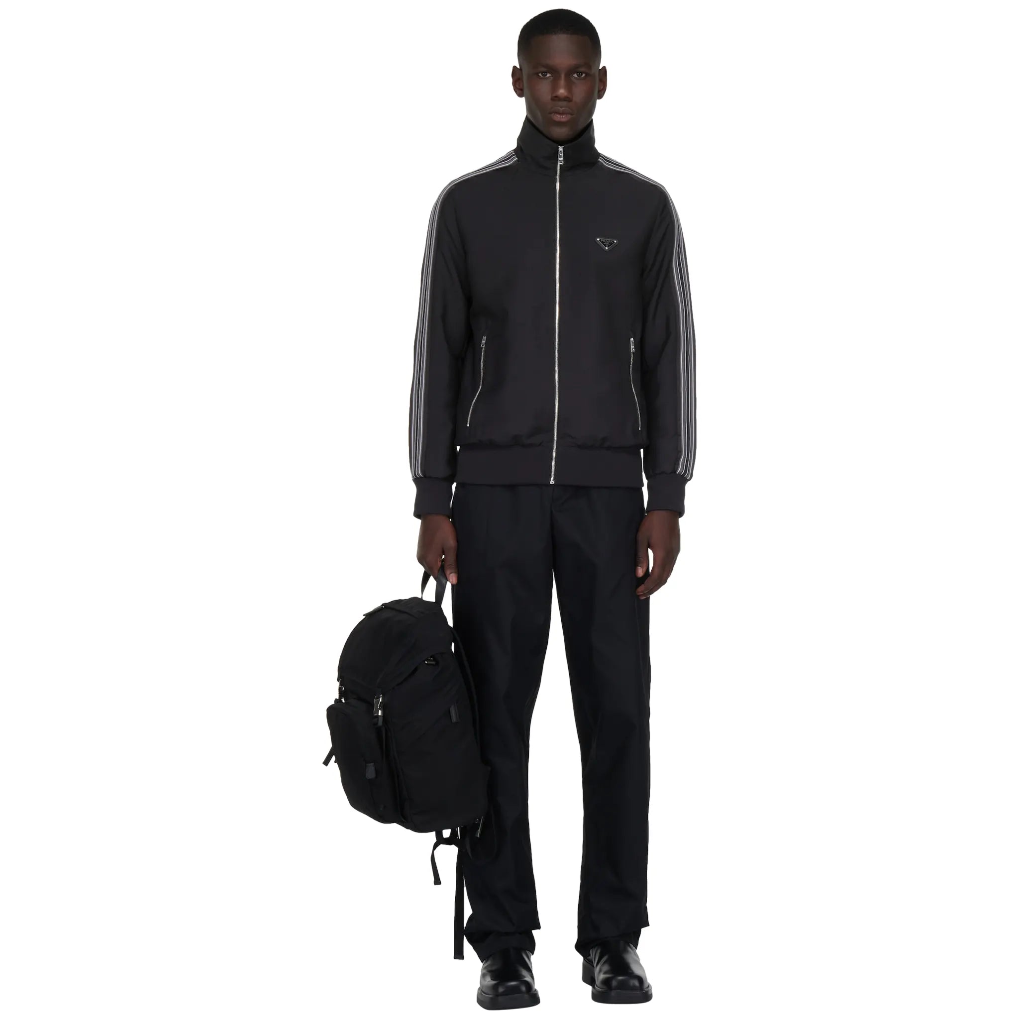 Model front view of Prada Mohair And Wool Logo Black Track Jacket