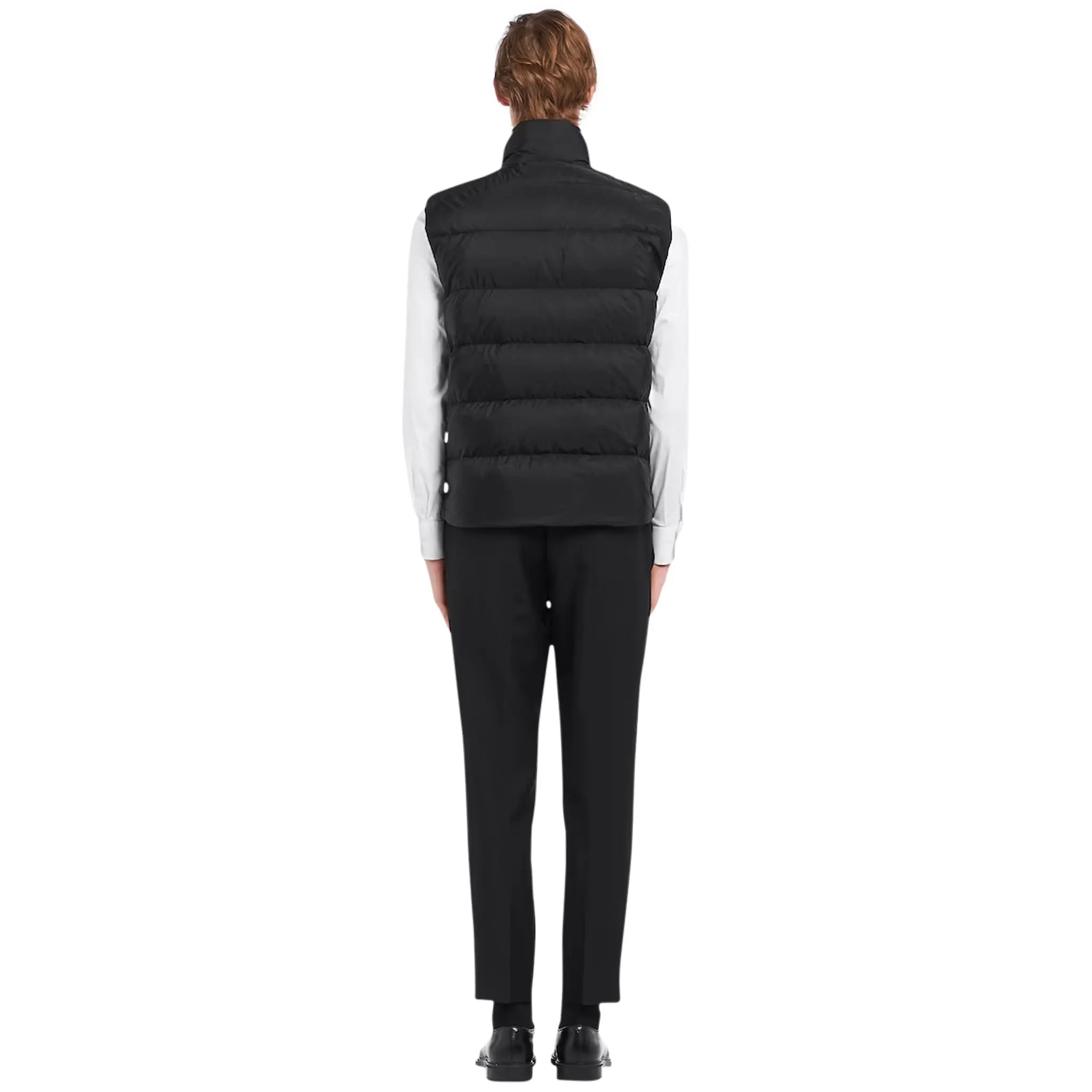 Model Back view of Prada Padded Re Nylon Black Vest SGB033_1WQ9_F0002_S_191