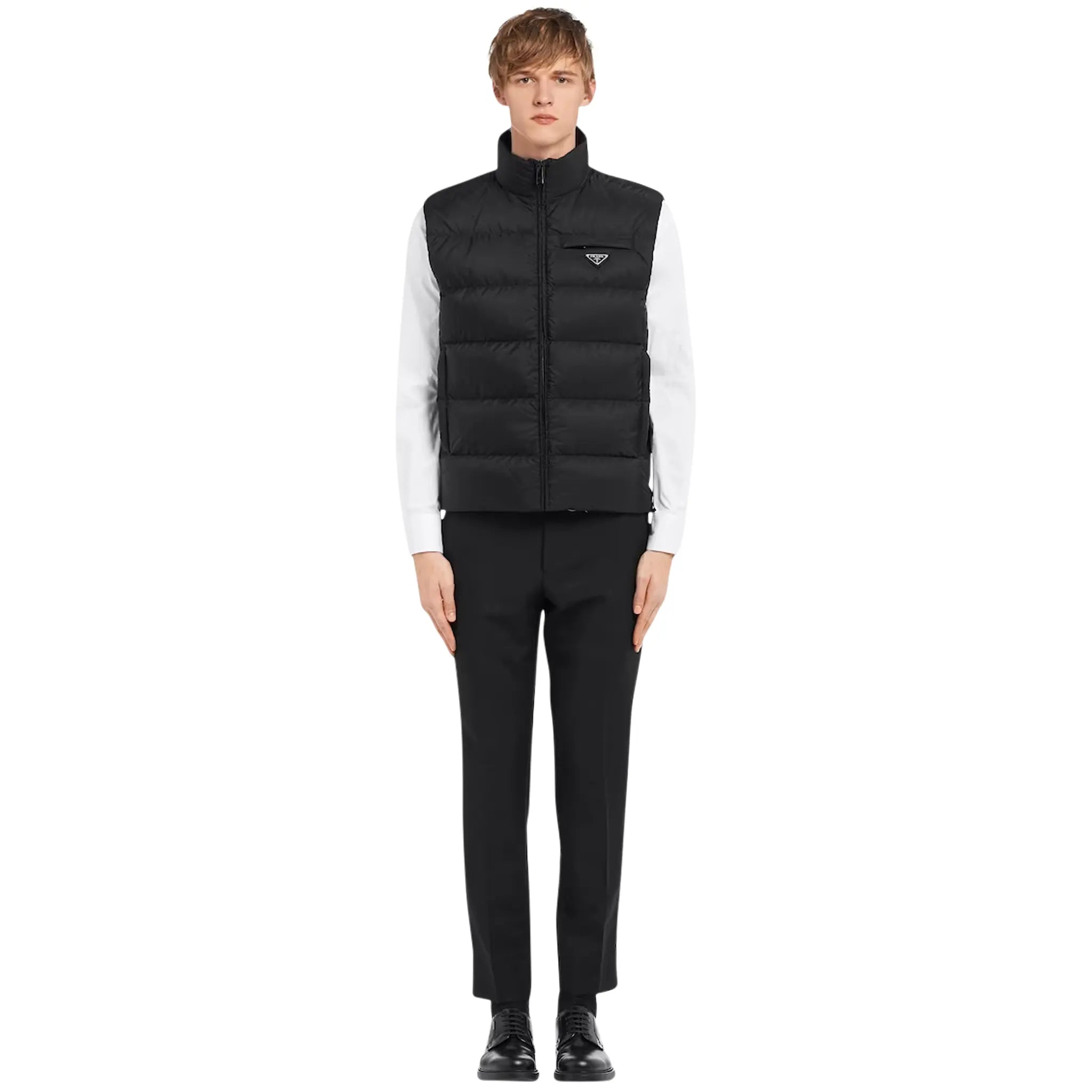 Model Front view of Prada Padded Re Nylon Black Vest SGB033_1WQ9_F0002_S_191