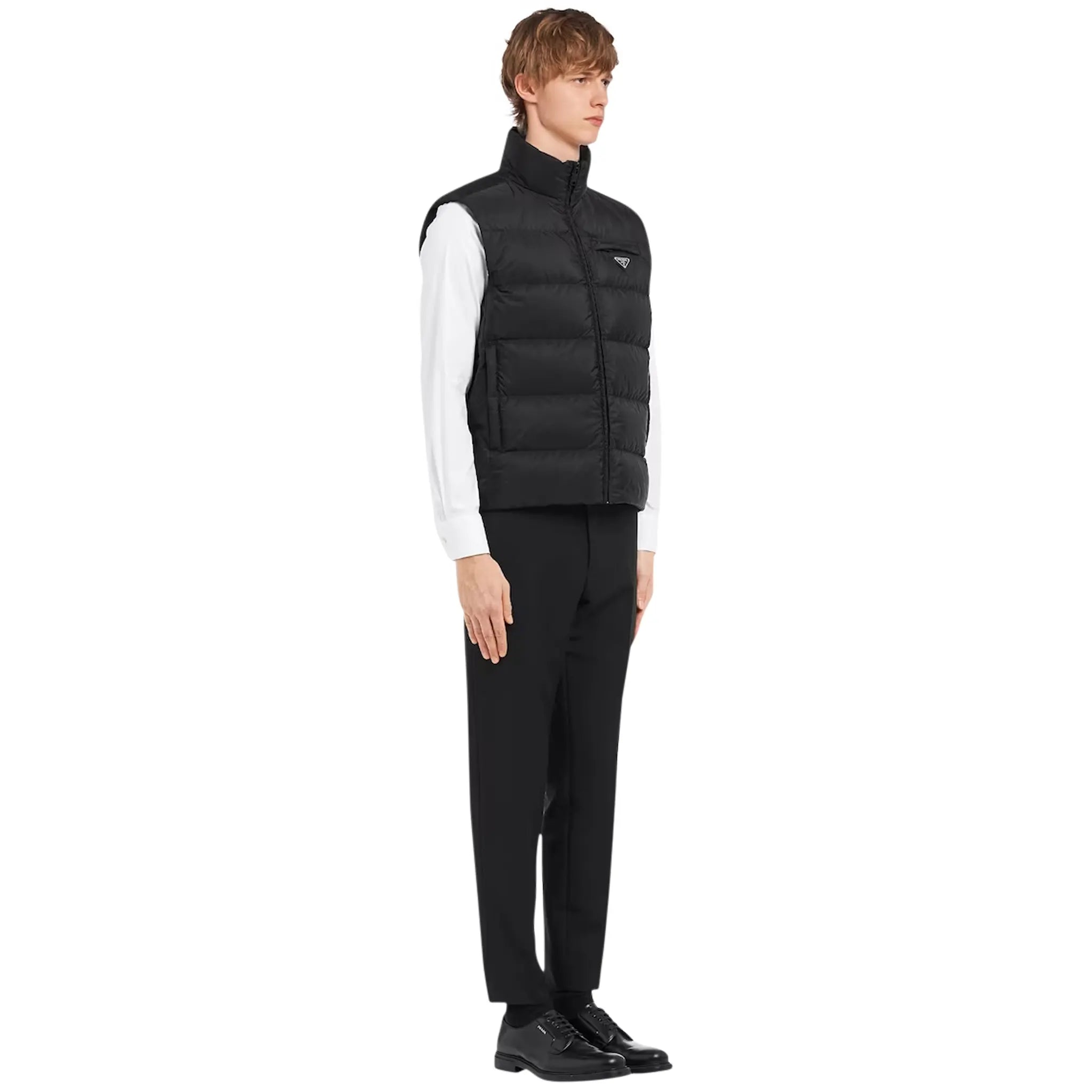 Model Side view of Prada Padded Re Nylon Black Vest SGB033_1WQ9_F0002_S_191