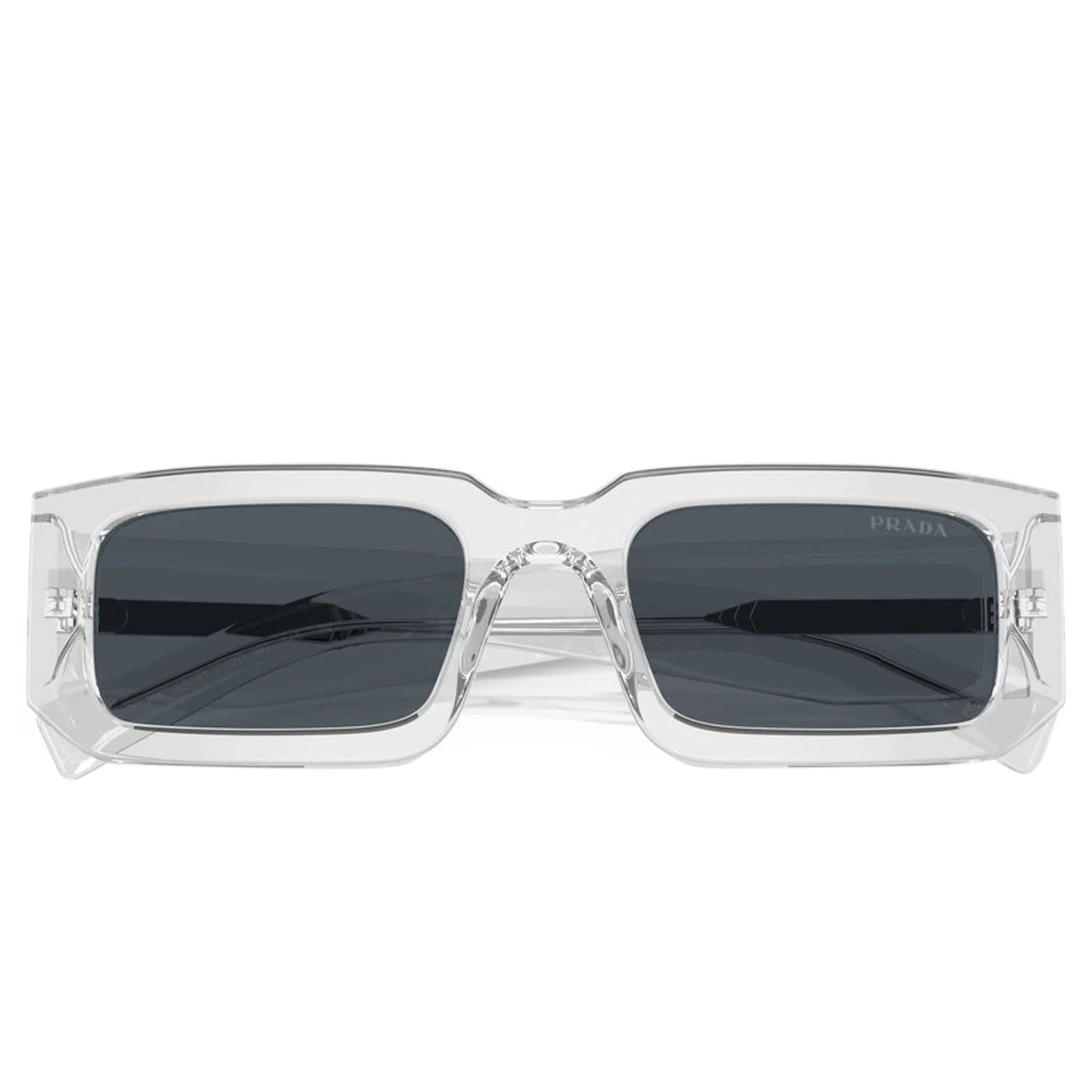 Folded view of Prada PR 06YS 12R09T Transparent Grey Sunglasses
