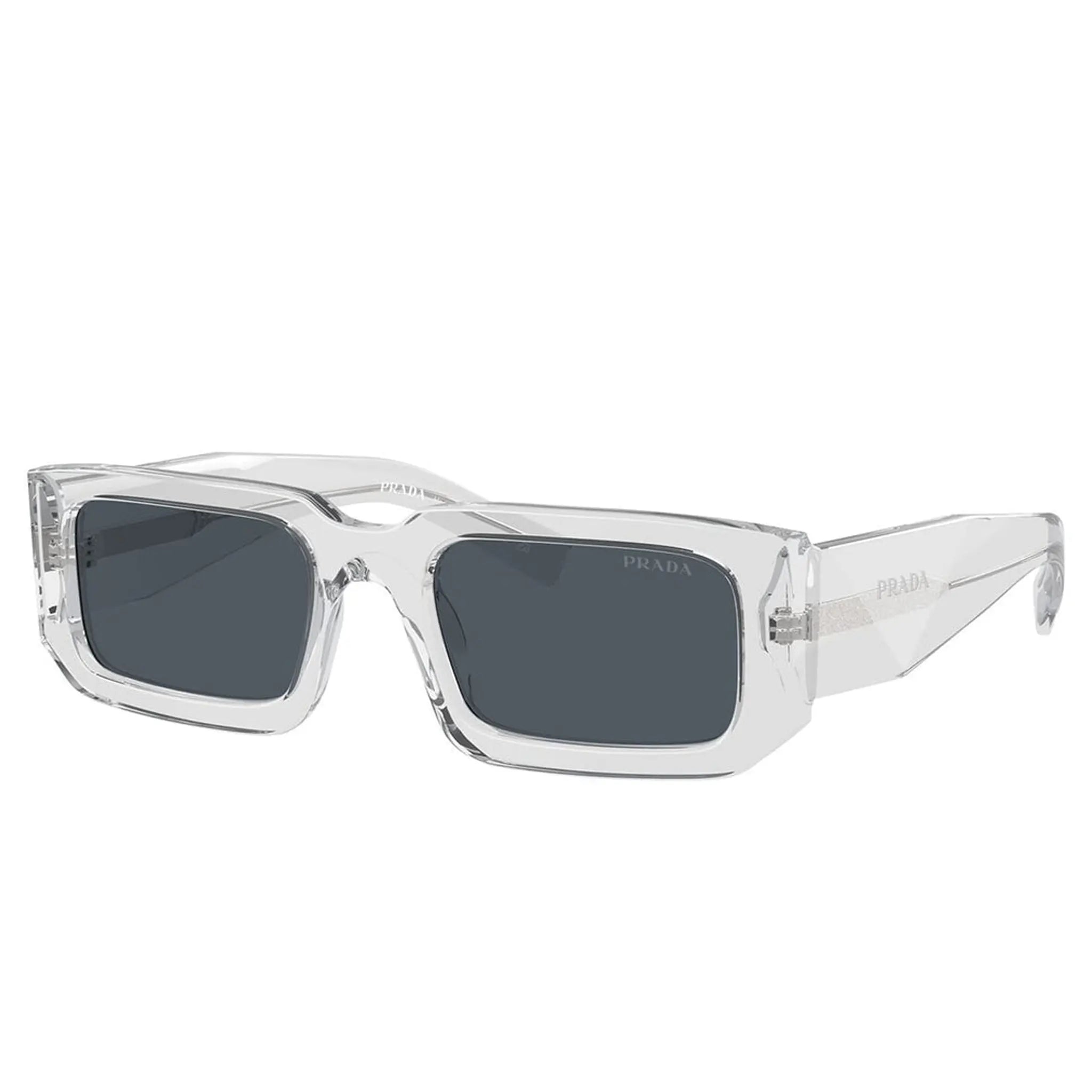 Front Side view of Prada PR 06YS 12R09T Transparent Grey Sunglasses