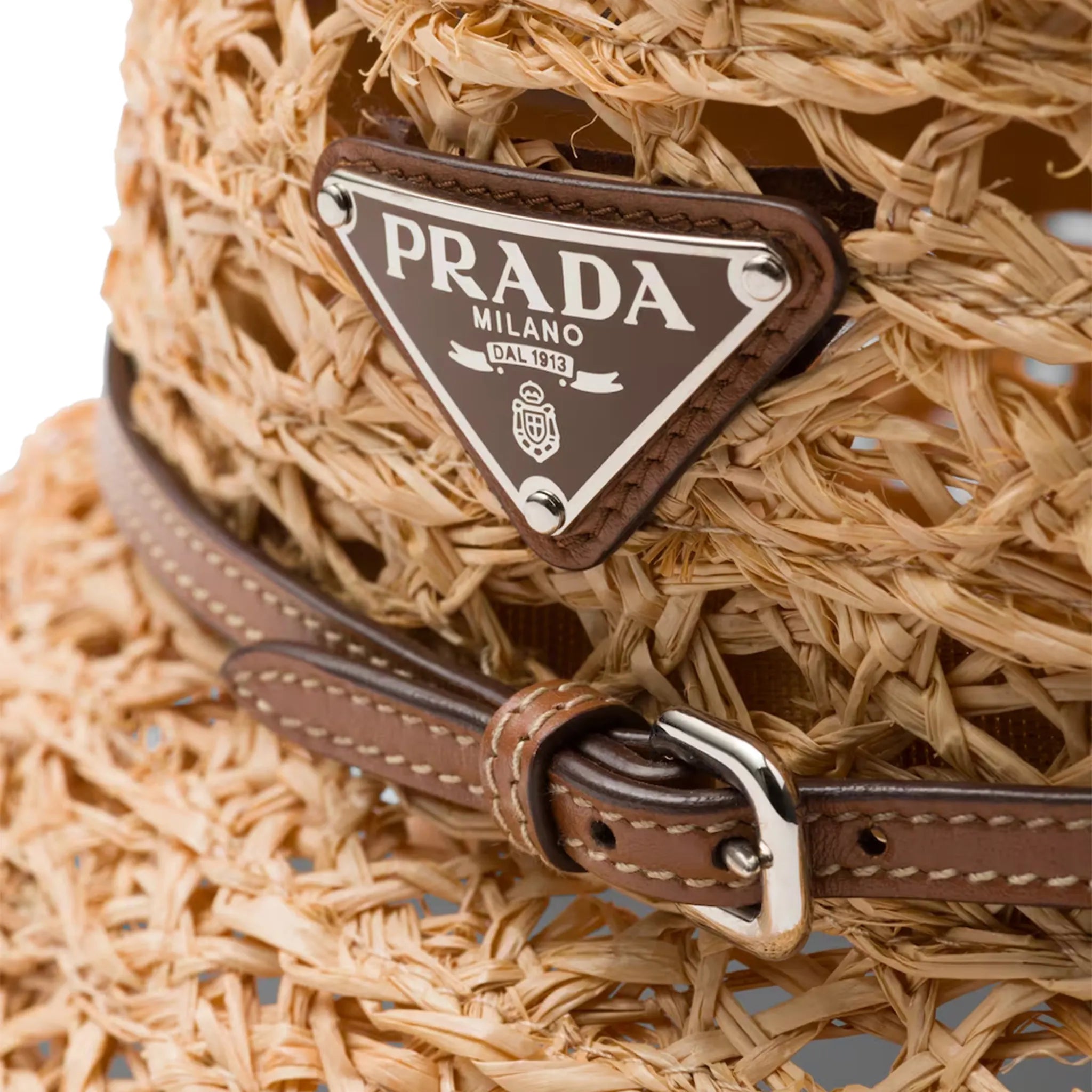 Detail view of Prada Raffia Beige Cognac Bucket Hat 1HC237_2C2S_F0A5T
