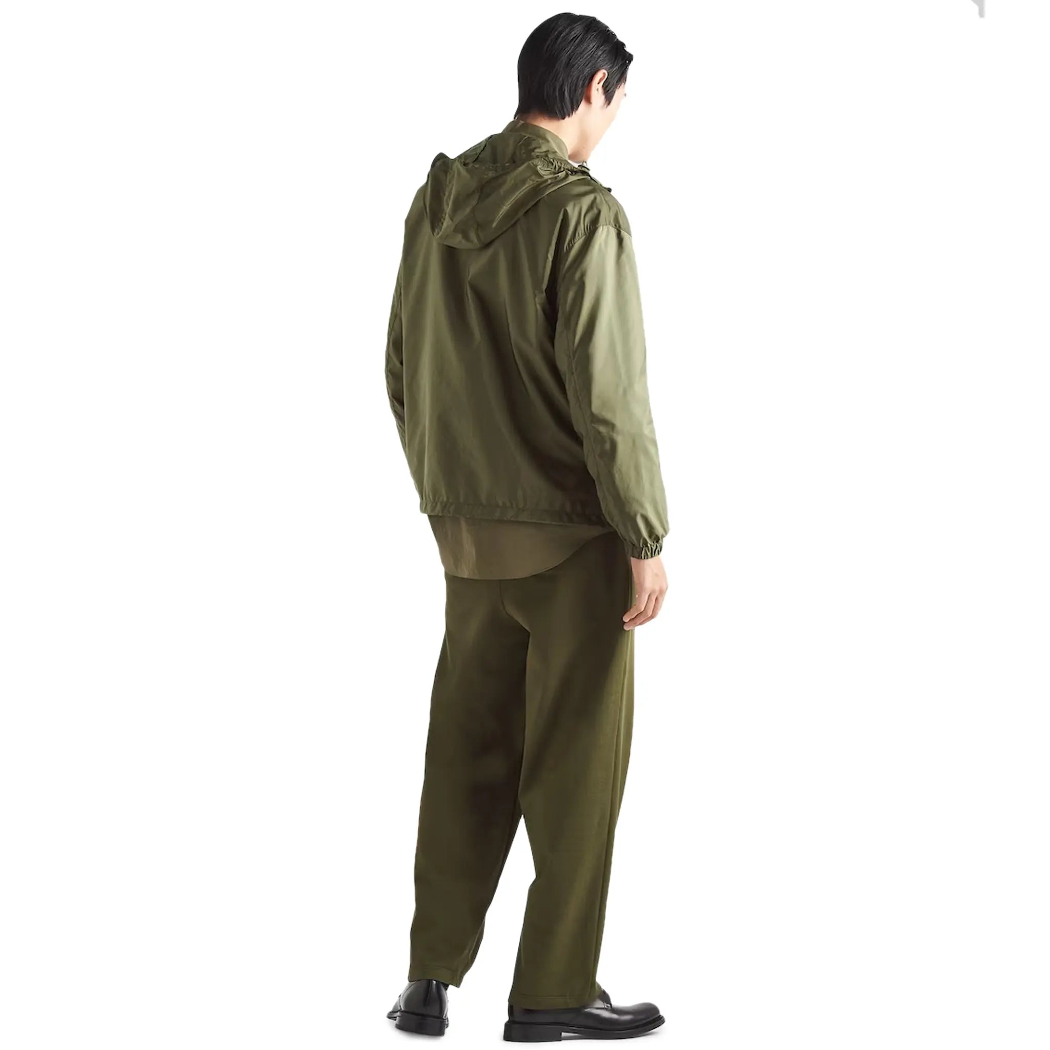 Model Back view of Prada Re Nylon Blouson Military Green Jacket SGC530_1WQ9_F0P80_S_232