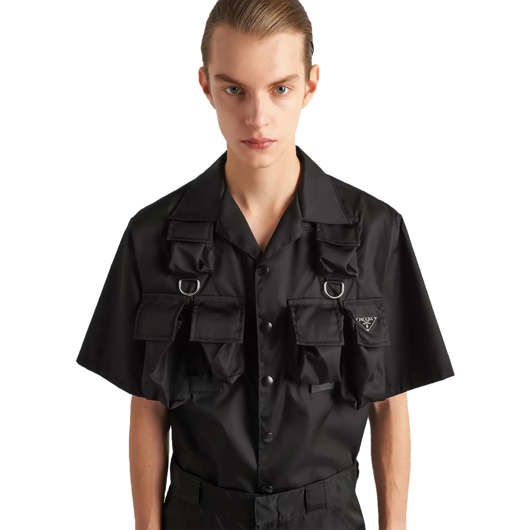 Front Detail view of Prada Short Sleeved Nylon Black Shirt SC768_1WQ8_F0002_S_OOO