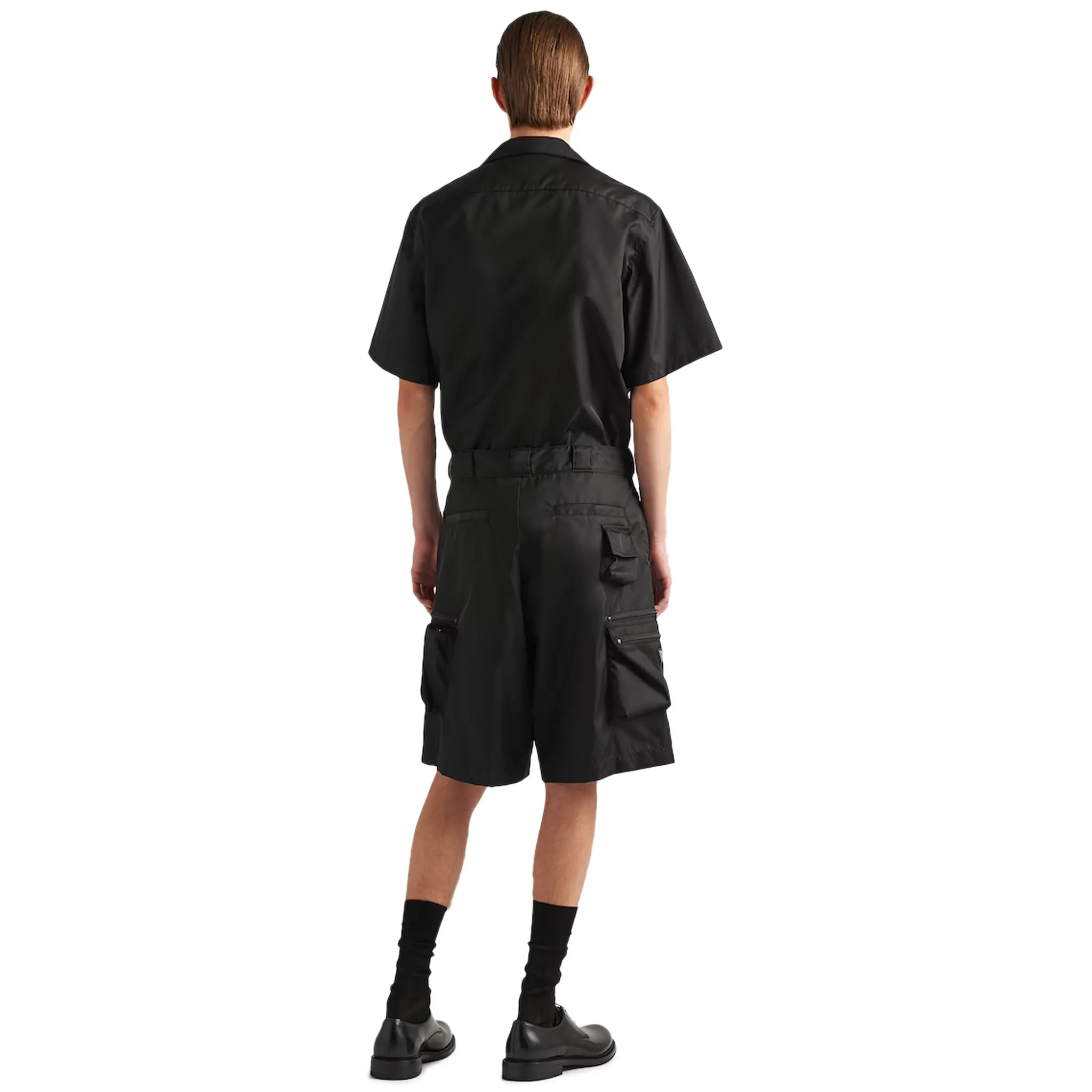 Model Back view of Prada Short Sleeved Nylon Black Shirt SC768_1WQ8_F0002_S_OOO